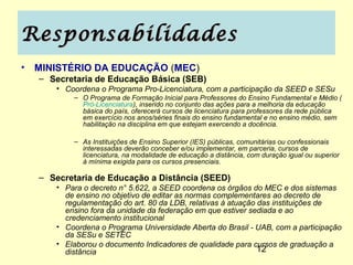 Responsabilidades
• MINISTÉRIO DA EDUCAÇÃO (MEC)
  – Secretaria de Educação Básica (SEB)
     • Coordena o Programa Pro-Licenciatura, com a participação da SEED e SESu
         – O Programa de Formação Inicial para Professores do Ensino Fundamental e Médio (
           Pró-Licenciatura), inserido no conjunto das ações para a melhoria da educação
           básica do país, oferecerá cursos de licenciatura para professores da rede pública
           em exercício nos anos/séries finais do ensino fundamental e no ensino médio, sem
           habilitação na disciplina em que estejam exercendo a docência.

         – As Instituições de Ensino Superior (IES) públicas, comunitárias ou confessionais
           interessadas deverão conceber e/ou implementar, em parceria, cursos de
           licenciatura, na modalidade de educação a distância, com duração igual ou superior
           à mínima exigida para os cursos presenciais.

  – Secretaria de Educação a Distância (SEED)
     • Para o decreto n° 5.622, a SEED coordena os órgãos do MEC e dos sistemas
       de ensino no objetivo de editar as normas complementares ao decreto de
       regulamentação do art. 80 da LDB, relativas à atuação das instituições de
       ensino fora da unidade da federação em que estiver sediada e ao
       credenciamento institucional
     • Coordena o Programa Universidade Aberta do Brasil - UAB, com a participação
       da SESu e SETEC
     • Elaborou o documento Indicadores de qualidade para cursos de graduação a
       distância                                             12
 