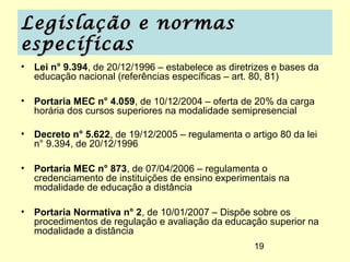 Legislação e normas
específicas
• Lei n° 9.394, de 20/12/1996 – estabelece as diretrizes e bases da
  educação nacional (referências específicas – art. 80, 81)

• Portaria MEC n° 4.059, de 10/12/2004 – oferta de 20% da carga
  horária dos cursos superiores na modalidade semipresencial

• Decreto n° 5.622, de 19/12/2005 – regulamenta o artigo 80 da lei
  n° 9.394, de 20/12/1996

• Portaria MEC n° 873, de 07/04/2006 – regulamenta o
  credenciamento de instituições de ensino experimentais na
  modalidade de educação a distância

• Portaria Normativa n° 2, de 10/01/2007 – Dispõe sobre os
  procedimentos de regulação e avaliação da educação superior na
  modalidade a distância
                                                    19
 
