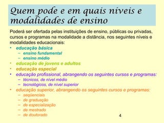 Quem pode e em quais níveis e
modalidades de ensino
Poderá ser ofertada pelas instituições de ensino, públicas ou privadas,
cursos e programas na modalidade a distância, nos seguintes níveis e
modalidades educacionais:
• educação básica
    – ensino fundamental
    – ensino médio
• educação de jovens e adultos
• educação especial
• educação profissional, abrangendo os seguintes cursos e programas:
    – técnicos, de nível médio
    – tecnológicos, de nível superior
• educação superior, abrangendo os seguintes cursos e programas:
    –   seqüenciais
    –   de graduação
    –   de especialização
    –   de mestrado
    –   de doutorado                                  4
 