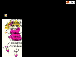 Plan de estudio: áreas de desarrollo
Emocional Social:
 Fortalecer el desarrollo biopsicosocial del alumno
  mediante la adquisición de conductas, hábitos y
  actitudes que faciliten su adecuada interacción con el
  entorno.
Cognitiva Funcional:
 Estimular el desarrollo de procesos cognitivos que
  favorezcan el dominio funcional de la comunicación y el
  conocimiento de su entorno a través de situaciones
  vivenciales.
 