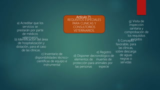 Artículo 71.
REQUISITOS ESPECIALES
PARA CLINICAS Y
CONSULTORIOS
VETERINARIOS.
a) Acreditar que los
servicios se
prestarán por parte
de médicos
veterinarios
b) Identificación del área
de hospitalización y
dotación, para el caso
de las clínicas.
c) Inventario de
disponibilidades técnico-
científicas de equipo e
instrumental
d) Disponer de
elementos de
protección para
las personas
e) Registro
cronológico de
muertes de
animales por
especie
f) Concepto
favorable, para
las clínicas,
sobre descarga
de aguas
negras o
servidas
g) Visita de
inspección
sanitaria y
comprobación de
los requisitos
exigidos
 