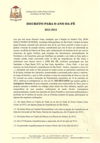 Decreto para o Ano da Fé -  Arquidiocese de São Paulo