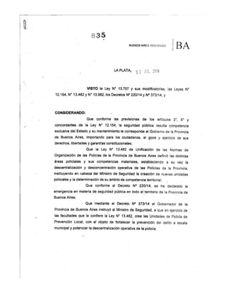 Resolución Provincial N° 835/2014 de "Creación de la Policía Municipal"