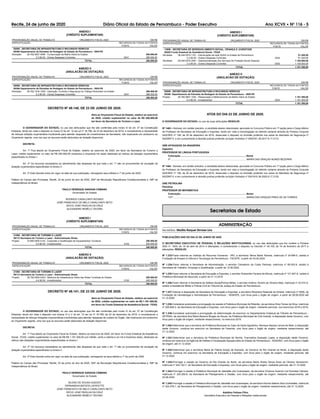 Recife, 24 de junho de 2020 Diário Oficial do Estado de Pernambuco - Poder Executivo Ano XCVII • NÀ 116 - 5
ANEXO I
(CRÉDITO SUPLEMENTAR)
PROGRAMAÇÃO ANUAL DE TRABALHO ORÇAMENTO FISCAL 2020 EM R$
ESPECIFICAÇÃO RECURSOS DE TODAS AS FONTES
FONTE VALOR
52000 - SECRETARIA DE INFRAESTRUTURA E RECURSOS HÍDRICOS
00306 Departamento de Estradas de Rodagem do Estado de Pernambuco - DER-PE
Atividade: 26.782.0927.4096 - Conservação da Malha Viária do Estado 286.000,00
3.3.90.00 - Outras Despesas Correntes 0241 286.000,00
TOTAL 286.000,00
ANEXO II
(ANULACÃO DE DOTAÇÃO)
PROGRAMAÇÃO ANUAL DE TRABALHO ORÇAMENTO FISCAL 2020 EM R$
ESPECIFICAÇÃO RECURSOS DE TODAS AS FONTES
FONTE VALOR
52000 - SECRETARIA DE INFRAESTRUTURA E RECURSOS HÍDRICOS
00306 Departamento de Estradas de Rodagem do Estado de Pernambuco - DER-PE
Atividade: 26.782.1034.1028 - Operação, Controle e Segurança do Tráfego Rodoviário do Estado 286.000,00
3.3.90.00 - Outras Despesas Correntes 0241 286.000,00
TOTAL 286.000,00
DECRETO Nº 49.140, DE 23 DE JUNHO DE 2020.
Abre ao Orçamento Fiscal do Estado, relativo ao exercício
de 2020, crédito suplementar no valor de R$ 250.000,00
em favor da Secretaria de Turismo e Lazer.
O GOVERNADOR DO ESTADO, no uso das atribuições que lhe são conferidas pelo inciso IV do art. 37 da Constituição
Estadual, tendo em vista o disposto no inciso IV do art. 10 da Lei nº 16.769, de 23 de dezembro de 2019, e considerando a necessidade
de reforçar dotação orçamentária insuﬁciente para atender despesas de investimentos da Secretaria, não implicando em acréscimo ao
Orçamento vigente, uma vez que os recursos serão deduzidos de dotação disponível,
DECRETA:
Art. 1º Fica aberto ao Orçamento Fiscal do Estado, relativo ao exercício de 2020, em favor da Secretaria de Turismo e
Lazer, crédito suplementar no valor de R$ 250.000,00 (duzentos e cinquenta mil reais) destinado ao reforço da dotação orçamentária
especiﬁcada no Anexo I.
Art. 2º Os recursos necessários ao atendimento das despesas de que trata o art. 1º são os provenientes de anulação da
dotação orçamentária especiﬁcada no Anexo II.
Art. 3º Este Decreto entra em vigor na data de sua publicação, retroagindo seus efeitos a 1º de junho de 2020.
Palácio do Campo das Princesas, Recife, 23 de junho do ano de 2020, 204º da Revolução Republicana Constitucionalista e 198º da
Independência do Brasil.
PAULO HENRIQUE SARAIVA CÂMARA
Governador do Estado
RODRIGO CAVALCANTI NOVAES
JOSÉ FRANCISCO DE MELO CAVALCANTI NETO
DÉCIO JOSÉ PADILHA DA CRUZ
ALEXANDRE REBÊLO TÁVORA
ANEXO I
(CRÉDITO SUPLEMENTAR)
PROGRAMAÇÃO ANUAL DE TRABALHO ORÇAMENTO FISCAL 2020 EM R$
ESPECIFICAÇÃO RECURSOS DE TODAS AS FONTES
FONTE VALOR
21000 - SECRETARIA DE TURISMO E LAZER
00112 Secretaria de Turismo e Lazer - Administração Direta
Projeto: 23.695.0925.4142 - Expansão e Qualificação de Equipamentos Turísticos 250.000,00
4.4.90.00 - Investimentos 0102 250.000,00
TOTAL 250.000,00
ANEXO II
(ANULACÃO DE DOTAÇÃO)
PROGRAMAÇÃO ANUAL DE TRABALHO ORÇAMENTO FISCAL 2020 EM R$
ESPECIFICAÇÃO RECURSOS DE TODAS AS FONTES
FONTE VALOR
21000 - SECRETARIA DE TURISMO E LAZER
00112 Secretaria de Turismo e Lazer - Administração Direta
Projeto: 26.782.0925.4224 - Melhoria da Infraestrutura Viária das Rotas Turísticas do Estado 250.000,00
4.4.90.00 - Investimentos 0102 250.000,00
TOTAL 250.000,00
DECRETO Nº 49.141, DE 23 DE JUNHO DE 2020.
Abre ao Orçamento Fiscal do Estado, relativo ao exercício
de 2020, crédito suplementar no valor de R$ 1.181.300,00,
em favor do Fundo Estadual de Assistência Social - FEAS.
O GOVERNADOR DO ESTADO, no uso das atribuições que lhe são conferidas pelo inciso IV do art. 37 da Constituição
Estadual, tendo em vista o disposto nos incisos IV e V do art. 10 da Lei nº 16.769, de 23 de dezembro de 2019, e considerando a
necessidade de reforçar dotações orçamentárias insuﬁcientes para atender despesas de custeio do Órgão, não implicando em acréscimo
ao Orçamento vigente, uma vez que os recursos serão deduzidos de dotação disponível,
DECRETA:
Art. 1º Fica aberto ao Orçamento Fiscal do Estado, relativo ao exercício de 2020, em favor do Fundo Estadual de Assistência
Social - FEAS, crédito suplementar no valor de R$ R$ 1.181.300,00 (um milhão, cento e oitenta e um mil e trezentos reais), destinado ao
reforço das dotações orçamentárias especiﬁcadas no Anexo I.
Art. 2º Os recursos necessários ao atendimento das despesas de que trata o art. 1º são os provenientes de anulação da
dotação orçamentária especiﬁcada no Anexo II.
Art. 3º Este Decreto entra em vigor na data de sua publicação, retroagindo os seus efeitos a 1º de junho de 2020.
Palácio do Campo das Princesas, Recife, 23 de junho do ano de 2020, 204º da Revolução Republicana Constitucionalista e 198º da
Independência do Brasil.
PAULO HENRIQUE SARAIVA CÂMARA
Governador do Estado
SILENO DE SOUSA GUEDES
FERNANDHA BATISTA LAFAYETTE
JOSÉ FRANCISCO DE MELO CAVALCANTI NETO
DÉCIO JOSÉ PADILHA DA CRUZ
ALEXANDRE REBÊLO TÁVORA
ANEXO I
(CRÉDITO SUPLEMENTAR)
PROGRAMAÇÃO ANUAL DE TRABALHO ORÇAMENTO FISCAL 2020 EM R$
ESPECIFICAÇÃO RECURSOS DE TODAS AS FONTES
FONTE VALOR
13000 - SECRETARIA DE DESENVOLVIMENTO SOCIAL, CRIANÇA E JUVENTUDE
00203 Fundo Estadual de Assistência Social - FEAS
Atividade: 08.244.0570.1161 - Estruturação da rede SUAS no Estado de Pernambuco 81.300,00
3.3.90.00 - Outras Despesas Correntes 0242 81.300,00
Atividade: 08.244.0570.2581 - Operacionalização dos Serviços de Proteção Social Especial 1.100.000,00
3.3.90.00 - Outras Despesas Correntes 0242 1.100.000,00
TOTAL 1.181.300,00
ANEXO II
(ANULACÃO DE DOTAÇÃO)
PROGRAMAÇÃO ANUAL DE TRABALHO ORÇAMENTO FISCAL 2020 EM R$
ESPECIFICAÇÃO RECURSOS DE TODAS AS FONTES
FONTE VALOR
52000 - SECRETARIA DE INFRAESTRUTURA E RECURSOS HÍDRICOS
00306 Departamento de Estradas de Rodagem do Estado de Pernambuco - DER-PE
Projeto: 26.782.0927.1045 - Restauração e Melhoramento da Malha Viária do Estado 1.181.300,00
4.4.90.00 - Investimentos 0242 1.181.300,00
TOTAL 1.181.300,00
ATOS DO DIA 23 DE JUNHO DE 2020.
O GOVERNADOR DO ESTADO, no uso de suas atribuições RESOLVE:
Nº 1463 – Nomear, em caráter precário, a candidata abaixo relacionada, aprovada no Concurso Público em 1ª opção para o Cargo efetivo
de Professor da Secretaria de Educação e Esportes, tendo em vista a homologação do referido certame através da Portaria Conjunta
SAD/SEE nº 158, de 30 de dezembro de 2016, observado o disposto no Acórdão proferido nos autos do Mandado de Segurança nº
0422997-0, e em cumprimento à decisão judicial proferida na Ação Ordinária nº 0002761-38.2017.8.17.2110.
GRE AFOGADOS DA INGAZEIRA
Ingazeira
PROFESSOR DE LÍNGUA PORTUGUESA
Colocação..................................................................................................Nome
3º ................................................................................................................MARIA DAS GRAÇAS NUNES BEZERRA
Nº 1464 - Nomear, em caráter precário, a candidata abaixo relacionada, aprovada no Concurso Público em 1ª opção para o Cargo efetivo
de Professor da Secretaria de Educação e Esportes, tendo em vista a homologação do referido certame através da Portaria Conjunta
SAD/SEE nº 158, de 30 de dezembro de 2016, observado o disposto no Acórdão proferido nos autos do Mandado de Segurança nº
0422997-0, e em cumprimento à decisão judicial proferida na Ação Ordinária nº 0001910-38.2020.8.17.3130.
GRE PETROLINA
Petrolina
PROFESSOR DE MATEMÁTICA
Colocação..................................................................................................Nome
137º.............................................................................................................MARIA DAS GRAÇAS PIRES DE SÁ TORRES
ADMINISTRAÇ‹O
Secretária: Marília Raquel Simões Lins
PUBLICAÇÕES SAD DO DIA 23 DE JUNHO DE 2020
O SECRETÁRIO EXECUTIVO DE PESSOAL E RELAÇÕES INSTITUCIONAIS, no uso das atribuições que lhe confere a Portaria
SAD nº. 1000, de 16 de abril de 2014 e alterações, e considerando o disposto no Decreto nº 44.105, de 16 de fevereiro de 2017 e
alterações, RESOLVE:
Nº 1.233-Fazer retornar ao Instituto de Recursos Humanos - IRH, a servidora Telma Maria Teixeira, matrícula nº 24.684-0, cedida à
Fundação de Amparo à Ciência e Tecnologia de Pernambuco - FACEPE, a partir de 03.05.2020.
Nº 1.234-Fazer retornar à Secretaria de Administração, o servidor Cemaércio da Costa Pedrosa, matrícula nº 89.352-8, cedido à
Secretaria de Trabalho, Emprego e Qualiﬁcação, a partir de 12.06.2020.
Nº 1.235-Fazer retornar à Secretaria de Educação e Esportes, o servidor Rubenildo Ferreira de Moura, matrícula nº 121.847-6, cedido à
Prefeitura Municipal de Itacuruba, a partir de 31.12.2016.
Nº 1.236-Fazer retornar à Secretaria de Defesa Social/Polícia Militar, o servidor Antônio Tenório de Oliveira Neto, matrícula nº 23.572-5,
cedido à Assistência Militar e Policial Civil do Tribunal de Justiça do Estado de Pernambuco.
Nº 1.237-Colocar à disposição da Secretaria de Educação e Esportes, a servidora Risomere Resende do Amaral, matrícula nº 4928, da
Fundação de Hematologia e Hemoterapia de Pernambuco - HEMOPE, com ônus para o órgão de origem, a partir de 09.06.2020 até
31.12.2020.
Nº 1.238-Considerar autorizada a prorrogação da cessão à Prefeitura Municipal de Ribeirão, da servidora Elma Tomaz da Silva, matrícula
nº 259.849-3, da Secretaria de Educação e Esportes, com ônus para o órgão de origem, mediante permuta, nos exercícios 2018 e 2019.
Nº 1.239-Considerar autorizada a prorrogação da determinação de exercício no Departamento Estadual de Trânsito de Pernambuco -
DETRAN, da servidora Ana Maria Bezerra Borges de Souza, da Prefeitura Municipal de Chã Grande, à disposição deste Governo, com
ônus para o órgão de origem, mediante ressarcimento, no exercício 2019.
Nº 1.240-Determinar que a servidora da Prefeitura Municipal do Cabo de Santo Agostinho, Monique Nayara Lemos de Melo, à disposição
deste Governo, continue em exercício na Secretaria da Fazenda, com ônus para o órgão de origem, mediante ressarcimento, até
31.12.2020.
Nº 1.241-Determinar que a servidora da Prefeitura Municipal de Serrita, Francielma Quesado Lopes, à disposição deste Governo,
continue em exercício na Agência de Defesa e Fiscalização Agropecuária do Estado de Pernambuco - ADAGRO, com ônus para o órgão
de origem, até 31.12.2020.
Nº 1.242-Determinar que a servidora Maria de Fátima Araújo de Azevedo, do Governo do Rio Grande do Norte, à disposição deste
Governo, continue em exercício na Secretaria de Educação e Esportes, com ônus para o órgão de origem, mediante permuta, até
31.12.2020.
Nº 1.243-Prorrogar a cessão ao Governo do Rio Grande do Norte, da servidora Maria Sheila Taniza Alves de Oliveira Vendramini,
matrícula nº 244.152-7, da Secretaria de Educação e Esportes, com ônus para o órgão de origem, mediante permuta, até 31.12.2020.
Nº 1.244-Prorrogar a cessão à Prefeitura Municipal de Jaboatão dos Guararapes, da servidora Vivianne Gueiros Lira Dornelas Câmara,
matrícula nº 324.284-6, da Secretaria de Planejamento e Gestão, com ônus para o órgão de origem, mediante ressarcimento, até
02.06.2020.
Nº 1.245-Prorrogar a cessão à Prefeitura Municipal de Jaboatão dos Guararapes, da servidora Norma Selene Silva Guimarães, matrícula
nº 324.278-1, da Secretaria de Planejamento e Gestão, com ônus para o órgão de origem, mediante ressarcimento, até 31.12.2020.
Adailton Feitosa Filho
Secretário Executivo de Pessoal e Relações Institucionais
Secretarias de Estado
 