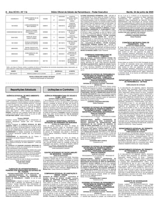 8 - Ano XCVII • NÀ 116 Diário Oficial do Estado de Pernambuco - Poder Executivo Recife, 24 de junho de 2020
1032390/2019
JORGE RUBENS DE SA
CARVALHO
1933094
1º 02/05/2008 HOSPITAL
REGIONAL INACIO
DE SA – VII
GERES
2º 02/05/2018
19416/2020
LUANA KASSANDRA DE
BRITO MORAES
2466970 1º 29/02/2016
HOSPITAL
AGAMENON
MAGALHAES -
RECIFE
2300000266004691/2020-20
MARCELA GUERRA
BRASILEIRO COSTA
ANDRADE
2555859 1º 06/10/2016
HOSPITAL GERAL
DE AREIAS -
RECIFE
83441/2020
MARIA DE JESUS
CADETE GOMES
2298902 1º 09/05/2003
HOSPITAL
OSWALDO CRUZ/
UPE
18213/2020
PATRICIA FERNANDES
AQUINO DOS SANTOS
2442698 1º 28/11/2015
HOSPITAL GERAL
DE AREIAS -
RECIFE
49634/2020
RAFAEL PACIFICO DE
ARAUJO PEREIRA FILHO
2972336 1º 16/12/2019
HOSPITAL BARAO
DE LUCENA -
RECIFE
38845/2020
SONIA MARIA DE LIRA
QUEIROZ
2288974 2º 20/03/2011
HOSPITAL DA
RESTAURACAO -
RECIFE
42388/2020 ZAIRA SILVANA ARAGAO 2621720 1º 31/01/2018
CENTRO
INTEGRADO DE
SAUDE AMAURY
DE MEDEIROS/
CISAM
Deﬁro, com base no Parecer Jurídico, os pedidos de Abono de Permanência dos servidores aposentados abaixo relacionados, por
terem adquirido o direito anterior à publicação da aposentadoria:
SIGEPE NOME MATRICULA A PARTIR
295143/2019 MARIA ELIZABETE DE OLIVEIRA 2273497 10/03/2017
RAFAELA BRASILEIRO GURGEL BOTSKHIS
Gerente de Administração de Pessoas/SES
AGÊNCIA ESTADUAL DE MEIO AMBIENTE -
CPRH
Portaria nº 061/2020
O Diretor-Presidente da Agência Estadual de Meio Ambiente –
CPRH, considerando o Decreto Estadual nº 30.462 de 25/05/07 e
o Decreto Estadual nº 31.818 de 20/05/08; RESOLVE: 1.Prorrogar
por mais 60 (sessenta) dias o prazo do Grupo de Trabalho
para o atendimento à Nota Técnica nº 7/2020 da Secretaria de
Administração – SAD, contida no processo SEI n° 1600242-
6/2018, referente à autorização para realização de concurso
público desta Agência – CPRH, instituído pela Portaria nº
049/2020; 2.Determinar que a presente Portaria entre em vigor
a partir de 04 de julho de 2020. Recife, 23 de junho de 2020.
DJALMA PAES JÚNIOR - Diretor-Presidente.
Portaria nº062/2020
Estabelece medidas temporárias para o enfrentamento da
pandemia internacional causada pelo novo coronavírus
(COVID-19).
O Diretor Presidente da AGÊNCIA ESTADUAL DE MEIO
AMBIENTE - CPRH, no uso da atribuição que lhe confere o inciso
VI do art. 5º do Anexo I do Decreto Estadual nº 30.462, de 25 de
maio de 2007 (Regulamento da CPRH), com a redação que lhe
foi dada pelo Decreto Estadual nº 31.818, de 20 de maio de 2008.
CONSIDERANDO as cautelas necessárias ao enfrentamento
da pandemia internacional causada pelo novo coronavírus
(COVID-19);
CONSIDERANDO as determinações da Lei Federal nº
13.979/2020 e do Decreto Estadual nº 49.055/2020;
RESOLVE:
Art. 1º Manter a suspensão dos prazos administrativos no âmbito
dessa AGÊNCIA ESTADUAL DE MEIO AMBIENTE – CPRH até
03 de julho.
§1º Incluem-se na suspensão processual determinada no
caput os prazos no âmbito dos procedimentos de renovação de
licença, licenciamento e auto de infração.
§2º Os prazos de que trata o presente artigo voltarão a ﬂuir a partir
do dia 06/07/2020, pelo tempo que lhes restava em 23/06/2020.
Art. 2º As licenças ambientais vincendas no período do parágrafo
anterior estão automaticamente prorrogadas para 06/07/2020.
Art. 3º Os prazos legais dos Artigos 10 e 11 da lei estadual nº
13.361/2007 mantêm-se inalterados.
Art. 4º Esta portaria entra em vigor na data de sua publicação.
Recife, 23 de junho de 2020.
DJALMA PAES JÚNIOR
Diretor-Presidente
FUNDAÇÃO DE APOSENTADORIAS E
PENSÕES DOS SERVIDORES DO ESTADO DE
PE - FUNAPE
PORTARIA FUNAPE Nº2561, DE 23 DE JUNHO DE 2020
A DIRETORA–PRESIDENTE DA FUNDAÇÃO DE
APOSENTADORIAS E PENSÕES DOS SERVIDORES DO
ESTADO DE PERNAMBUCO - FUNAPE, no uso de suas
atribuições, e
CONSIDERANDO o disposto no Decreto nº 48.809, de 14 de
março de 2020, e alterações, que regulamenta, no Estado de
Pernambuco, medidas temporárias para enfrentamento da
emergência de saúde pública de importância internacional
decorrente do coronavírus;
RESOLVE:
Art. 1º Prorrogar até 31/8/2020 os prazos de suspensão de
que tratam os artigos 1º e 2º da Portaria Funape nº 1.528, de
18/3/2020, alterada pela Portaria Funape nº 2139, de 6/5/2020.
Art. 2º Esta Portaria entra em vigor na data de sua publicação.
Tatiana de Lima Nóbrega-Diretora-Presidente
AGÊNCIA PERNAMBUCANA DE ÁGUAS E
CLIMA - APAC
EXTRATO TERMO ADITIVO A CONTRATO
1° Termo Aditivo ao Contrato nº 005/2019. Objeto: Suspensão, a
partir de 21/03/2020, do prazo de vigência do contrato original,
referente à prestação de serviços de Buffet, pelo período em
que perdurar o Estado de Calamidade Pública em função da
pandemia do COVID-19, em virtude da emergência de saúde
pública de importância internacional decorrente do coronavírus,
previsto no Decreto Estadual n° 48.833/2020, bem como demais
medidas restritivas e de isolamento social impostas pelo Governo
do Estado de Pernambuco. Contratada: Eventual Live Marketing
Direto Eireli. CNPJ: 04.433.214/0001-02. Data da assinatura:
Recife, 12/06/2020. Suzana Maria Gico Lima Montenegro -
Diretora-Presidente.
AUTARQUIA TERRITORIAL DISTRITO
ESTADUAL DE FERNANDO DE NORONHA
EXTRATO DE TERMO ADESÃO
Termo de Adesão 003/2020 ao Termo de Adesão ao
Credenciamento 001/2019, Edital de Chamamento Público
001/2019, Inexigibilidade 014/2020. F D Luna Dias Locadora
ME (Cantinho Feliz). CNPJ/MF 08.074.061/0001-05. Prestação
de serviços de hospedagem para atender a demanda da
ATDEFN. Vigência: 12/06/2020 a 11/06/2021. Data de assinatura:
12/06/2020.
Termo de Adesão 002/2020 ao Termo de Adesão ao
Credenciamento 001/2019, Edital de Chamamento Público
001/2019, Inexigibilidade 013/2020. Pousada Estrela Lunar
Ltda. CNPJ/MF 06.288.127/0001-34. Prestação de serviços de
hospedagem para atender a demanda da ATDEFN. Vigência:
12/06/2020 a 11/06/2021. Data de assinatura: 12/06/2020.
CÉSIO COSTA RODRIGUES DOS SANTOS
Diretor Administrativo Financeiro
CENTRO INTEGRADO DE SAÚDE AMAURY
DE MEDEIROS - CISAM/UPE
AVISO DE RATIFICAÇÃO
Processo nº 0092.2020.CPL.CISAM.IN.0006.CISAM – Reconheço
e RATIFICO, baseado artigo 25, caput, Lei 8.666/93, o processo
de Inexigibilidade de Licitação, objeto: Contratação da empresa
HLBF para prestação de serviços de manutenção corretiva com
reposição de peças para equipamentos BARFFAB para o CISAM,
em favor da empresa: HLBF Comercio e Serviços de Equipamentos
Médicos e Hospitalares EIRELI CNPJ 12.796.424/0001-93 valor
global R$ 19.062,72. Recife, 23/06/2020. Olímpio Barbosa de
Moraes Filho – Gestor Executivo do CISAM/UPE.
COMPANHIA ESTADUAL DE HABITAÇÃO E
OBRAS - CEHAB
EXTRATOS DE TERMOS ADITIVOS – Concorrência Nº
001/2016- Processo Nº 001/2016- CPLSMG; Contratada:
EMPRESA DE PESQUISAS TÉCNICAS, CIENTIFÍCAS E
DE MERCADO LTDA - CNPJ/MF Nº 03.568.752/0001-41; 3º
Termo Aditivo ao Contrato Nº 012/2016; Objeto: Prorrogar a
suspensão do contrato por 12 (doze) meses compreendendo o
período de 29/03/2020 a 29/03/2021; Data da assinatura: 27 de
março de 2020. Pregão Eletrônico Nº 237/2014- Processo Nº
352.2014.IV.PE.237.SAD - Contratada: ALFORGE SEGURANÇA
PATRIMONIAL LTDA - CNPJ/MF Nº 13.343.833/0001-05; 4º
Termo Aditivo ao Contrato Nº 005/2017; Objeto: Prorrogação do
prazo de vigência, a partir de 03/03/2020 a 30/03/2021; Data
da assinatura: 02 de março de 2020. - Pregão Eletrônico Nº
237/2014- Processo Nº 352.2014.IV.PE.237.SAD; Contratada:
Repartições Estaduais Licitações e Contratos
ALFORGE SEGURANÇA PATRIMONIAL LTDA - CNPJ/MF Nº
13.343.833/0001-05; 5º Termo Aditivo ao Contrato Nº 005/2017;
Objeto: Reduzir o valor contratual, estabelecendo o valor mensal
de 62.842,68 (sessenta e dois mil, oitocentos e quarenta e dois
reais e sessenta e oito centavos), com redução do objeto contratual
para 4 (quatro) Postos de Vigilância Armada, 24 horas diárias , de
segunda a domingo, cada qual com 4 (quatro) vigilantes, o que
totalizará 16 (dezesseis) vigilantes; Data da assinatura: 01 de
abril de 2020. – Processo Licitatório Nº 005/2018; Contratada:
GEOSISTEMAS ENGENHARIA E PLANEJAMENTO LTDA -
CNPJ/MF Nº 70.073.275/0001-30; 1º Termo Aditivo ao Contrato
Nº 007/2019; Objeto: Prorrogação do prazo de vigência a partir
de 22/10/2019 a 20/03/2020; Data da assinatura: 20 de outubro
de 2019. – Concorrência Nº 006/2012 - CPLOSE; Contratada:
CONSTRUTORA FERREIRA GUEDES S/A - CNPJ/MF Nº
61.099.826/0001-44; 11º Termo Aditivo ao Contrato Nº 021/2012;
Objeto: Prorrogação do prazo de execução, que vigorará a partir
de 06/04/2020 a 05/08/2020; Data da assinatura: 03 de abril de
2020. - Concorrência Nº 006/2012 - CPLOSE; Contratada:
CONSTRUTORA FERREIRA GUEDES S/A - CNPJ/MF Nº
61.099.826/0001-44; 12º Termo Aditivo ao Contrato Nº 021/2012;
Objeto: Suspensão do prazo de execução, que vigorará a partir de
01/05/2020 a 01/09/2020; Data da assinatura: 30 de abril de 2020;
BRUNO DE MORAES LISBÔA- Diretor Presidente.
COMPANHIA PERNAMBUCANA DE
SANEAMENTO - COMPESA
Aviso de Licitação: LICITAÇÃO.COMPESA 075/2020 CSL
PROCESSO Nº 8415/2020 - AQUISIÇÃO DE CONEXÕES DE
FERRO FUNDIDO DÚCTIL. Abertura: 06/07/2020 às 10:00h.
Disputa: 06/07/2020 às 15:00h. Edital disponível 26/06/2020.
Carla Maria Leyendecker Brito – Agente de Licitação. Regrada
pela Lei nº 13.303/2016. Informações: Av. Dr. Jayme da Fonte, s/
nº – 1º andar – Sto Amaro – Recife/PE – CEP: 50040-905, das 13h
às 16h, Fone: 081-3412.9320 ou através do site www.compesa.
com.br
GOVERNO DO ESTADO DE PERNAMBUCO
SECRETARIA DE DESENVOLVIMENTO
ECONÔMICO SUAPE - COMPLEXO
INDUSTRIAL PORTUÁRIO GOVERNADOR
ERALDO GUEIROS
ADJUDICAÇÃO DE DISPENSA
DISPENSA DE LICITAÇÃO No
003/2020 – PROCESSO
009/2020-CEL
RATIFICO, nos termos da Lei nº 13.303/2016, Parecer Jurídico
nº 156/2020 pela Dispensa de Licitação, com fundamento art. 29,
inc. I da Lei n.º 13.303/16, objetivando a CONTRATAÇÃO DE
EMPRESA ESPECIALIZADA PARA SERVIÇOS DE SONDAGEM
À PERCUSSÃO, TIPO SPT, A SEREM EXECUTADAS NA ILHA
DE COCAIA, EM SUAPE-PE, tendo como contratada a empresa
Evolução Engenharia, Construção e Administração LTDA, no
valor total de R$ 64.750,46 (sessenta e quatro mil, setecentos e
cinquenta reais e quarenta e seis centavos).
Ipojuca (PE), 23 de junho de 2020.
LEONARDO CERQUINHO MONTEIRO
Diretor Presidente
GOVERNO DO ESTADO DE PERNAMBUCO
SECRETARIA DE DESENVOLVIMENTO
ECONÔMICO SUAPE - COMPLEXO
INDUSTRIAL PORTUÁRIO GOVERNADOR
ERALDO GUEIROS
AVISO DE LICITAÇÃO
PROCEDIMENTO-CEL No
009/2020 – PROCESSO Nº 013/2020/
CEL
OBJETO/NATUREZA: SERVIÇO. CONTRATAÇÃO DE
EMPRESA ESPECIALIZADA PARA ELABORAÇÃO DE
PROJETO EXECUTIVO DE INFRAESTRUTURA PARA
URBANIZAÇÃO DE VILA NAZARÉ, NO MUNICÍPIO DO
CABO DE SANTO AGOSTINHO, de acordo com a legislação
vigente e as condições do instrumento convocatório. O Valor
do orçamento será sigiloso, conforme deﬁne o art. 34 da
Lei Federal n°13.303/16. Início das Propostas: 25/06/2020 às
14:00, Abertura das propostas: 22/07/2020 às 10:00. Início da
disputa: 22/07/2020 às 10:15 (horário de Brasília). O edital está
disponível nos sites: www.licitacoes-e.com.br; www.suape.pe.gov.
br; www.licitacoes.pe.gov.br, podendo também ser solicitado
através do e-mail: cpl@suape.pe.gov.br.
Recife, 23 de junho de 2020.
ALEXANDRA WEST CHIANCA
Presidente da CEL
GOVERNO DO ESTADO DE PERNAMBUCO
SECRETARIA DE DESENVOLVIMENTO
ECONÔMICO SUAPE - COMPLEXO
INDUSTRIAL PORTUÁRIO GOVERNADOR
ERALDO GUEIROS
AVISO DE LICITAÇÃO
PROCEDIMENTO-CEL No
010/2020-CEL – PROCESSO Nº
014/2020-CEL
OBJETO/NATUREZA: SERVIÇO. CONTRATAÇÃO DE
EMPRESA PARA EXECUÇÃO DE SERVIÇO DE LIMPEZA E
MANUTENÇÃO EM FACHADA DE VIDRO DO EMPRESARIAL
EDUARDO H. ACCIOLY CAMPOS, de acordo com a legislação
vigente e as condições do instrumento convocatório. O Valor
do orçamento será sigiloso, conforme deﬁne o art. 34 da
Lei Federal n°13.303/16. Início das Propostas: 25/06/2020 às
14:00, Abertura das propostas: 24/07/2020 às 10:00. Início da
disputa: 24/07/2020 às 10:15 (horário de Brasília). O edital está
disponível nos sites: www.licitacoes-e.com.br; www.suape.pe.gov.
br; www.licitacoes.pe.gov.br, podendo também ser solicitado
através do e-mail: cpl@suape.pe.gov.br.
Recife, 23 de junho de 2020.
ALEXANDRA WEST CHIANCA
Presidente da CEL
GOVERNO DO ESTADO DE PERNAMBUCO
SECRETARIA DE DESENVOLVIMENTO
ECONÔMICO SUAPE - COMPLEXO
INDUSTRIAL PORTUÁRIO GOVERNADOR
ERALDO GUEIROS
ADJUDICAÇÃO DE DISPENSA
DISPENSA DE LICITAÇÃO No
018/2020 – PROCESSO
023/2020-CPL
RATIFICO, nos termos da Lei nº 13.303/2016, Parecer Jurídico
nº 165/2020 pela Dispensa de Licitação, com fundamento art.
29, inc. II da Lei n.º 13.303/16, c/c do Regulamento Interno
de Licitações, Contratos e Convênios de Suape, objetivando
CONTRATAÇÃO DE SERVIÇOS DE CONSULTORIA
AMBIENTAL PARA ELABORAÇÃO DE PARECER TÉCNICO
INDEPENDENTE COM REALIZAÇÃO DE ESTUDO SOBRE
EFEITOS, CONSEQUÊNCIAS E IMPACTOS DAS DRAGAGENS
RELACIONADOSAO CUMPRIMENTO DE MEDIDAMITIGADORA
REFERENTE A SAZONALIDADE DA EXECUÇÃO DAS OBRAS
DE DRAGAGEM NO PORTO DE SUAPE, tendo como contratado
o INSTITUTO AVANÇADO DE TECNOLOGIA E INFORMAÇÃO,
no valor total de R$ 49.293,68 (quarenta e nove mil, duzentos e
noventa e três reais e sessenta e oito centavos).
Ipojuca (PE), 23 de junho de 2020.
LEONARDO CERQUINHO MONTEIRO
Diretor Presidente
CONSÓRCIO METROPOLITANO DE
TRANSPORTE - CTM
EXTRATO DE TERMOS ADITIVOS
5º Termo Aditivo ao convênio Nº.01415.026; Prorrogação de
prazo do convênio de cooperação técnica para operacionalização
e resgate ﬁnanceiro dos Créditos utilizados de passagem,
pelos usuários do VEM, para pagamento das tarifas nas
linhas municipais interbairros, pertencentes ao STCP/Recife;
Convenente:Autarquia de Trânsito e Transporte Urbano do Recife
- CTTU; CNPJ:10.846.103/0001-20;nova vigêcia: 25/02/2019 a
24/02/2020.Recife, 22 de fevereiro de 2019.Roberto Campos
Coordenador Jurídico.
6 Termo Aditivo ao convênio Nº.01415.026; Prorrogação de prazo
do convênio de cooperação técnica para operacionalização
e resgate ﬁnanceiro dos Créditos utilizados de passagem,
pelos usuários do VEM, para pagamento das tarifas nas
linhas municipais interbairros, pertencentes ao STCP/Recife;
Convenente:Autarquia de Trânsito e Transporte Urbano do Recife
- CTTU; CNPJ:10.846.103/0001-20;nova vigêcia: 25/02/20120
a 24/02/2021.Recife, 20 de fevereiro de 2020.Roberto Campos
Coordenador Jurídico.
DEPARTAMENTO ESTADUAL DE TRÂNSITO
DE PERNAMBUCO - DETRAN
HOMOLOGAÇÃO DE LICITAÇÃO
PL Nº 0023.2020.CPL-I PE 0009/2020. OBJETO: REGISTRO
DE PREÇOS PARA AQUISIÇÃO ENVENTUAL MATERIAIS
PARA HIGIENE, LIMPEZA E PROTEÇÃO CONTRA CORONA
VIRUS. Responsável: Nathalia Pissurno de Souza - Presidente/
Pregoeiro CPL I. O Diretor Presidente resolve HOMOLOGAR o
processo licitatório em epígrafe, sagrando-se vencedoras as
empresas BML COMERCIAL LTDA-ME CNPJ nº 11.292.106/0001-
22 Itens 2,5 valor global R$ 18.390,00( dezoito mil, trezentos e
noventa reais),FIXAR DISTRIBUIDORA DE INSTRUMENTAL,
MATERIAIS CIRURGICOS E HOSPITALARES LTDA CNPJ nº
21.575.301/0001-13 Itens 7,9 , com valor global R$ 12.882,4 (
doze mil, oitocentos e oitenta e dois e quarenta centavos),MIL
COMERCIO DE MATERIAIS DE CONSTRUCAO EIRELI
CNPJ nº 34.351.431/0001-14 Item 11, com valor global de R$
15.199,00 (quinze mil , cento e noventa e nove reais),SD DE A
FERREIRA&CIA LTDA CNPJ nº 26.889.181/0001-42 Itens1,3,4,
com valor global R$ 6.700,00( seis mil e setecentos reais), TEM DE
TUDO COMERCIO EM GERAL EIRELI CNPJ nº 28.164.557/0001-
87 Item 6 com valor global R$ 7.950,00( sete mil, novecentos e
cinquenta reais),QUALIMMED - COMERCIO ATACADISTA DE
MEDICAMENTOS E MATERIAIS HOSPITALARES LTDA CNPJ
nº 35.514.416/0001-02 Item 10, com valor global de R$ R$
8.634,0600 ( oito mil, seiscentos e trinta e quatro e seis centavos),
o item 08 foi fracassado, Total R$ 69.755,4600.Recife, 23/06/2019.
ROBERTO FONTELLES - Diretor Presidente.
DEPARTAMENTO ESTADUAL DE TRÂNSITO
DE PERNAMBUCO - DETRAN
HOMOLOGAÇÃO DE LICITAÇÃO
PL Nº 0018.2020.CPL-I PE 0007/2020. OBJETO: REGISTRO DE
PREÇOS PARA AQUISIÇÃO DE ÁGUA MINERAL. Responsável:
Nathalia Pissurno de Souza - Presidente/Pregoeiro CPL I. O
Diretor Presidente resolve HOMOLOGAR o processo licitatório
em epígrafe, sagrando-se vencedora a empresa MARCIO DO
NASCIMENTO SILVA-ME, CNPJ nº 10.875.828/0001-47, com o
valor de R$ 30.900,0000 (trinta mil e novecentos reais). Recife,
23/06/2019. ROBERTO FONTELLES - Diretor Presidente.
DEPARTAMENTO ESTADUAL DE TRÂNSITO
DE PERNAMBUCO - DETRAN
HOMOLOGAÇÃO DE LICITAÇÃO
PL Nº 0020.2020.CPL-I PE 0008/2020. OBJETO: REGISTRO
DE PREÇOS PARA AQUISIÇÃO DE MATERIAL GRÁFICO.
Responsável: Nathalia Pissurno de Souza - Presidente/
Pregoeiro CPL I. O Diretor Presidente resolve HOMOLOGAR
o processo licitatório em epígrafe, sagrando-se vencedoras
as empresas AVM EMPREENDIMENTOS –EIRELI, CNPJ
nº 17.325.974/0001-48, Item 07, com o valor global de R$
10.374,75 (dez mil, trezentos e setenta e quatro e setenta e
cinco centavos), CONSULTARE COMERCIO VAREJISTA DE
LIVROS-ERELI, CNPJ n° 32.247.622/0001-05, Itens1,2,4,5,6,8,
com valor global R$ 23.451,6 (vinte e três mil, quatrocentos e
cinquenta e um e sessenta centavos), RICARDO GOMES DA
SILVA CNPJ nº 05.080.790/0001-86, Item 03, com valor global R$
756,0 (setecentos e cinquenta e seis reais). Recife, 23/06/2019.
ROBERTO FONTELLES - Diretor Presidente.
GABINETE DO GOVERNADOR
AVISO DE LICITAÇÃO
Processo Licitatório nº 0020/2020.CPL/GAB.GOV. Pregão
Eletrônico nº 0014/2020 - PE-INTEGRADO nº 0020.2020.CPL.
PE.0014.GAB.GOV. Compras. Formação de Registro de Preços
para fornecimento de guardanapo de papel. Valor: R$ 15.617,56.
Sessão de Abertura: 08/07/2020 às 15h00 (horário de Brasília).
Informações adicionais: O Edital na íntegra poderá ser retirado nos
sites: www.peintegrado.pe.gov.br, www.licitacoes.pe.gov.br, fone:
(81) 3184-1031. Recife, 23 de junho 2020. Sandro Willians de Lira
Carneiro - Pregoeiro. (*)
 