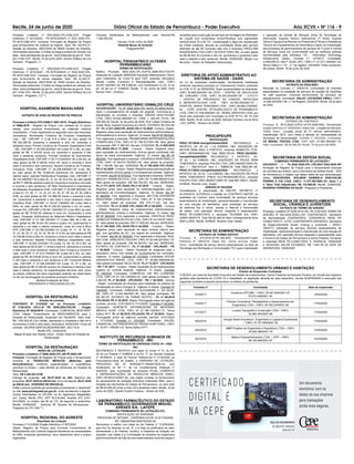 Recife, 24 de junho de 2020 Diário Oficial do Estado de Pernambuco - Poder Executivo Ano XCVII • NÀ 116 - 9
Processo Licitatório nº 0021/2020.CPL/GAB.GOV. Pregão
Eletrônico nº 0015/2020 - PE-INTEGRADO nº 0021.2020.CPL.
PE.0015.GAB.GOV. Compras. Formação de Registro de Preços
para fornecimento de material de higiene. Valor: R$ 148.870,31.
Sessão de Abertura: 09/07/2020 às 09h00 (horário de Brasília).
Informações adicionais: O Edital na íntegra poderá ser retirado nos
sites: www.peintegrado.pe.gov.br, www.licitacoes.pe.gov.br, fone:
(81) 3184-1031. Recife, 23 de junho 2020. Sandro Willians de Lira
Carneiro - Pregoeiro. (*)
Processo Licitatório nº 0022/2020.CPL/GAB.GOV. Pregão
Eletrônico nº 0016/2020 - PE-INTEGRADO nº 0022.2020.CPL.
PE.0016.GAB.GOV. Compras. Formação de Registro de Preços
para fornecimento de carnes salgadas. Valor: R$ 33.342,37.
Sessão de Abertura: 09/07/2020 às 15h00 (horário de Brasília).
Informações adicionais: O Edital na íntegra poderá ser retirado nos
sites: www.peintegrado.pe.gov.br, www.licitacoes.pe.gov.br, fone:
(81) 3184-1031. Recife, 23 de junho 2020. Sandro Willians de Lira
Carneiro - Pregoeiro. (*)(***)
HOSPITAL AGAMENON MAGALHÃES
EXTRATO DE ATAS DE REGISTRO DE PREÇOS
Processo Licittório CPL/HAM nº 3857.2019 - Pregão Eletrônico
nº 0096.2019 – Registro de Preços, com validade de 12 (doze)
meses, para eventual fornecimento de materiais médicos
hospitalares – Ficam registrados os seguintes itens das empresas
vencedoras: Nordmarket Comércio de Produtos Hospitalares
Ltda – ME, CNPJ/MF nº (Lote 61A e 55A), ao valor global de
R$ 262.260,00 (duzentos e sessenta e dois mil, duzentos e
sessenta reais); Primed Comércio de Produtos Hospitalares Eireli
– ME, CNPJ/MF nº 26.556.283/0001-46 (Lotes 57 e 58), ao valor
global de R$ 11.343,60 (onze mil, trezentos e quarenta e três
reais e sessenta centavos); Promed Comércio de Suprimentos
Hospitalares Eireli, CNPJ/MF nº 26.715.034/0001-56 (Lote 04), ao
valor global de R$ 9.199,92 (nove mil, cento e noventa e nove
reais e noventa e dois centavos); Revanil Comércio de Produtos
Cirúrgicos Eireli, CNPJ/MF nº 24.338.436/0001-53 (Lote 06),
ao valor global de R$ 19.680,00 (dezenove mil, seiscentos e
oitenta reais); Injemed Distribuidora Hospitalar Ltda, CNPJ/MF nº
28.145.496/0001-00 (Lotes 02, 10, 24, 29, 52 e 54), ao valor global
de R$ 77.398,96 (setenta e sete mil, trezentos e noventa e oito reais
e noventa e seis centavos); UP Med Distribuidora e Importadora
de Materiais Hospitalares Eireli, CNPJ/MF nº 26.048.385/0001-50
(Lotes 01, 07, 08, 11, 14, 22, 23, 25, 35, 37, 39, 42, 43, 50, 55B e
61B), ao valor global de R$ 143.968,09 (cento e quarenta e três
mil, novecentos e sessenta e oito reais e nove centavos); Astra
Cientíﬁca Eireli, CNPJ/MF nº 05.431.736/0001-38 (Lotes 64A e
64B), ao valor global de R$ 81.000,00 (oitenta e um mil reais);
Cremer S/A, CNPJ/MF nº 82.641.325/0021-61 (Lote 36A), ao valor
global de R$ 79.920,00 (setenta e nove mil, novecentos e vinte
reais); Hospsete Distribuidora de Materiais Médico Hospitalares
Ltda, CNPJ/MF nº 07.199.135/0001-77 (Lotes 36B, 48 e 59), ao
valor global de R$ 34.441,80 (trinta e quatro mil, quatrocentos e
quarenta e um reais e oitenta centavos); Laíse de Lima e Silva
EPP, CNPJ/MF nº 23.706.033/0001-57 (Lotes 16, 17, 18, 19, 20,
21, 27, 28, 30, 31, 32, 33, 34, 38, 40, 41 e 45), ao valor global de R$
33.335,86 (trinta e três mil, trezentos e trinta e cinco reais e oitenta
e seis centavos); Medefe Produtos Médicos Hospitalares Ltda,
CNPJ/MF nº 25.463.374/0001-74 (Lotes 12, 46, 53, 60 e 66), ao
valor global de R$ 32.897,11 (trinta e dois mil, oitocentos e noventa
e sete reais e onze centavos); Medical Care Cirúrgica e Comércio
Ltda, CNPJ/MF nº 07.413.118/0001-90 (Lotes 62 e 65), ao valor
global de R$ 39.478,68 (trinta e nove mil, quatrocentos e setenta
e oito reais e sessenta e oito centavos) e MT Comercial Médica
Ltda, CNPJ/MF nº 07.946.534/0001-54 (Lotes 15, 47 e 56), ao
valor global de R$ 15.382,80 (quinze mil, trezentos e oitenta e dois
reais e oitenta centavos). As especiﬁcações técnicas, bem como
os preços unitários dos itens registrados poderão ser observados
no ato da homologação do presente processo licitatório.
Jacilene Eustaquio da Silva
PRESIDENTE E PREGOEIRA DA CPL
HOSPITAL DA RESTAURAÇÃO
Extrato de contrato
CONTRATO Nº 013/2020 ref. ao Processo Licitatório
Nº 1738.2019. CPLC-III. PE. 0520.SES.FES-PE – Pregão
Eletrônico Nº 0520/2019. Contratada: COMERCIAL MOSTAERT
LTDA. Objeto: Fornecimento de MEDICAMENTOS para o
Hospital da Restauração, localizado em Recife/PE. Valor total:
R$ 1.653.922,00 (Um milhão, seiscentos e cinqüenta e três mil e
novecentos e vinte e dois reais). Assinatura: 30/04/2020. Fiscal do
contrato: VALÉRIA SANTOS BEZERRA MAT. 253.710-9
Recife (PE), 23/06/2020
Miguel Arcanjo dos Santos Júnior - Diretor Geral do Hospital da
Restauração
HOSPITAL DA RESTAURAÇÃO
AVISO DE LICITAÇÃO
Processo Licitatório nº 0590.2020.CPL.HR.PE.0023.HR
Compras. Formação de Registro de Preços para o fornecimento
eventual de PRODUTOS MÉDICOS (Materiais para
Hemodinâmica), conforme especiﬁcações e quantitativos
previstos no Anexo I, para atender às demandas do Hospital da
Restauração
Valor: R$ 2.482.047,0100
Entrega de proposta: até 09.07.2020 às 08h. Abertura das
propostas: 09.07.2020 às 08h30 min. Início da disputa: 09.07.2020
às 09h30 min. (HORÁRIO DE BRASÍLIA).
Edital e anexos poderão ser acessados processando o “download”
no site www.peintegrado.pe.gov.br, onde acontecerá a disputa.
Outras informações na CPL/HR, na Av. Agamenon Magalhães,
s/nº, Derby, Recife (PE), CEP 52.010-040, fone/fax (81) 3181-
5412/5604, no horário das 8h às 17h, de segunda a sexta-feira.
Recife, 23/06/2020 - Verônica Mª Tavares de Albuquerque -
Pregoeira da CPL HR(***)
HOSPITAL REGIONAL DO AGRESTE
Resultado da Licitação
Processo nº 013/2020 Pregão Eletrônico nº 007/2020
Objeto: Registro de Preços para Eventual Fornecimento de
Medicamentos sob Controle Especial atendendo as necessidades
do HRA, empresas ganhadoras, seus respectivos itens e preços
registrados
Oncoexo Dstribuidora de Medicamentos Ltda- Item(02-R$
1.336.455,00)
Caruaru,19 de Junho de 2020
Eliezilde Muniz de Andrade
Pregoeira/HRA
HOSPITAL PSIQUIATRICO ULYSSES
PERNAMBUCANO
TERMO DE RATIFICAÇÃO
Ratiﬁco Processo 0832.2020.CPL.HUP.DL.0699.SES.FES-PE
Dispensa de Licitação 0699/2020 Aquisição Medicamento Clínico
para Tratamento da Covid-19 para HUP, empresa Vencedora
Maués Lobato Comercio e Representações Ltda., CNPJ
09.007.162/0001-26, R$ 9.596,00, com fundamento no Inc. IV do
art. 24 da Lei nº. 8.666/93. Recife, 17 de Junho de 2020. Ruth
Bonow Theil – Diretora.
HOSPITAL UNIVERSITÁRIO OSWALDO CRUZ
ADJUDICAÇÃO - PL Nº 0048.2020.CPL.HUOC.PE.0023.HUOC.
Após o processamento do pregão em epigrafe, comunica-se a
adjudicação do processo a empresa: UNIVEN HEALTHCARE
LTDA, CNPJ 09.420.486/0001-91, ITEM: 1, VALOR TOTAL: R$
298.000,00. Recife, 24 de junho de 2020. Prof. Izabel Christina de
Avelar Silva, Gestora Executiva do HUOC. EXTRATO DE ATA DE
RP - PL.nº.011.2020 CPL.HUOC.PE.nº.10.2020 - Compra - Objeto:
Registrar preço para aquisição de medicamentos antimicrobianos,
antineoplásicos e clínicos. Vigência: 12 meses. Ata RP Nº 85/2020.
Fica registrada a empresa: PROMEFARMA REPRESENTAÇÕES
COMERCIAIS LTDA, CNPJ Nº 81.706.251/0001-98, Valor global
da proposta: (R$ 17.460,00). Ata ass. 21/05/2020. PL.nº.025.2020
CPL.HUOC.PE.nº.17.2020 - Compra - Objeto: Registrar preço
para aquisição de medicamentos clínicos gerais econtraste não
iônico de baixa osmolaridade. Vigência: 12 meses. Ata RP Nº
86/2020. Fica registrada a empresa: CIRURGICA MONTEBELLO
LTDA, CNPJ Nº 08.674.752/0001-40, Valor global da proposta:
(R$ 1.159,08). Ata ass. 12/05/2020. PL.nº.192.2020 CPL.HUOC.
PE.nº.42.2020 - Compra - Objeto: Registrar preço para aquisição de
medicamentos clínicos gerais 2 e enoxaparinas sódicas. Vigência:
12 meses. Ata RP Nº 87/2020. Fica registrada a empresa: SANOFI
MEDLEY FARMACÊUTICA LTDA, CNPJ Nº 10.588.595/0010-92,
Valor global da proposta: (R$ 593.760,00). Ata ass. 08/06/2020.
PL.nº.771.2019 CPL.HUOC.PE.nº.67.2019 - Compra - Objeto:
Registrar preço para aquisição de materiais/reagentes para o
laboratório de imunofenotipagem. Vigência: 12 meses. Ata RP
Nº 88/2020. Fica registrada a empresa: BECTON DICKINSON
INDÚSTRIAS CIRÚRGICAS LTDA, CNPJ Nº 21.551.379/0021-
41, Valor global da proposta: (R$ 275.111,23). Ata ass.
11/02/2020. PL.nº.10.2020 CPL.HUOC.PE.nº.09.2020 - Compra
- Objeto: Registrar preço de medicamentos antimicrobianos,
antineoplásicos, clínicos e controlados. Vigência: 12 meses. Ata
RP Nº 89/2020. Fica registrada a empresa: CRISTÁLIA PROD.
QUÍMICOS FARMACÊUTICOS LTDA, CNPJ Nº 44.734.671/0001-
51, Valor global da proposta: (R$ 111.600,00). Ata ass. 06/05/2020.
PL.nº.194.2020 CPL.HUOC.PE.nº.44.2020 - Compra - Objeto:
Registrar preço para aquisição de água mineral natural sem
gás, com garrafões de 20 l, em regime de comodato. Vigência:
12 meses. Ata RP Nº 84/2020. Fica registrada a empresa: REAL
MIX COM. VAREJISTA LTDA-EPP, CNPJ Nº 00.446.627/0001-70,
Valor global da proposta: (R$ 69.360,00). Ata ass. 28/05/2020.
EXTRATO DE CONTRATO - PL nº 05.2020 - CPL/HUOC - PE
nº 05.2020 - Compra - Objeto: Aquisição de reagentes para o
laboratório clínico com cessão de equipamentos em comodato.
Vigência: 12 meses. Contrato Nº 147/2020. Contratado: ROCHE
DIAGNÓSTICA BRASIL LTDA, CNPJ Nº 30.280.358/0006-90,
Valor global contratado: R$ 30.750,00. PL nº 72.2017 - CPL/HUOC
- PE nº 67.2017 - Compra - Objeto: Aquisição de de medicamentos
sujeitos ao controle especial. Vigência: 12 meses. Contrato
Nº 148/2020. Contratado: COMERCIAL CIR. RIO CLARENSE
LTDA, CNPJ Nº 67.729.178/0002-20, Valor global contratado: R$
3.924,00. PL nº 04.2020 - CPL/HUOC - PE nº 04.2020 - Serviço
- Objeto: Contratação de empresa para instalação do sistema de
climatização do bloco cirúrgico B. Vigência: 6 meses. Contrato Nº
149/2020. Contratado: EMERSON ALEXANDRE C. DA SILVA-
ME, CNPJ Nº 13.044.354/0001-80, Valor global contratado: R$
261.491,67. EXTRATO DE TERMO ADITIVO - PL nº 90.2019
CPL/HUOC PE nº 25.2019. Objeto: Prorrogação prazo de vigência
contrato, período: 01/01/2020 à 17/12/2020. Contrato nº 92/2020.
Contratado: HOSPSETE DISTRIBUIDORA DE MATERIAIS
MÉDICO HOSP LTDA, CNPJ Nº 07.199.135/0001-77, Termo
Aditivo Nº1º. PL nº 90.2019 CPL/HUOC PE nº 25.2019. Objeto:
Prorrogação prazo de vigência contrato, período: 01/01/2020
à 17/12/2020. Contrato nº 103/2020. Contratado: CRUZEL
COMERCIAL DISTRIBUIDORA DE PRODS HOSP EIRELI, CNPJ
Nº 19.877.178/0001-43, Termo Aditivo Nº1º.
INSTITUTO DE RECURSOS HUMANOS DE
PERNAMBUCO - IRH
TERMO DE RATIFICAÇÃO DE DISPENSA COVID-19 – HSE/
IRH
RECONHEÇO E RATIFICO com base no Inciso nº IV, do Art.
24 da Lei Federal nº 8.666/93 e do Art. 7º, do Decreto Estadual
nº 48.809/20, a vista do Parecer Referencial nº 0132/2020 da
Procuradoria-Geral do Estado, a DISPENSA DE LICITAÇÃO,
PROCESSO SEI Nº 0030308177.000287/2020-32, com
fundamento no Art 1º, da Lei Complementar Estadual nº
425/2020, para contratação da empresa ATUAL COMÉRCIO
E REPRESENTAÇÕES DE PRODUTOS MÉDICOS EIRELI,
CNPJ 08.955.615/0001-83, cujo objeto consiste no fornecimento
de equipamento de proteção individual (máscaras N95), para o
Hospital dos Servidores do Estado de Pernambuco, no valor total
de R$ 25.200,00 (vinte e cinco mil e duzentos reais). Recife, 22 de
junho de 2020. Cláudio Duarte Fonseca – Diretor do HSE.
LABORATÓRIO FARMACÊUTICO DO ESTADO
DE PERNAMBUCO GOVERNADOR MIGUEL
ARRAES S/A - LAFEPE
COMISSÃO PERMANENTE DE LICITAÇÃO-CPL
RATIFICAÇÃO DE DISPENSA
PROCESSO Nº 027/2020 – DISPENSA COVID-19 Nº 016/2020
SEI: 0060407848.000079/2020-54
Reconheço e ratiﬁco com base na Lei Federal nº 13.979/2020,
para ﬁns do disposto no art. 4º, e à vista da justiﬁcativa do setor
demandante e do Parecer Jurídico, a Dispensa de licitação em
epígrafe, cujo objeto é a Contratação de empresa de engenharia
para fornecimento de mão de obra especializada incluindo peças e
conexões para a execução de serviços de montagem do Resfriador
de Líquido com compressor Screw/Parafuso com capacidade
nominal entre 70 a 80 TR - condensação a Água em substituição
ao Chiller existente, através da contratação direta pelo período
estimado de até 90 (noventa) dias com a empresa: PROCLIMA
ENGENHARIA LTDA (CNPJ: 00.578.617/0001-99), no valor global
de R$ 98.542,76 (noventa e oito mil, quinhentos e quarenta e dois
reais e setenta e seis centavos). Recife, 23/06/2020. Sérgio Luiz
Noronha - Diretor de Relações Institucionais.
DIRETORIA DE APOIO ADMINISTRATIVO AO
SISTEMA DE SAÚDE - DASIS
Ao rol de empresas credenciadas, devidamente habilitadas
conforme requisitos previstos no Chamamento Público publicado
no DOE nº 81 de 05/05/2020, ﬁcam acrescentadas as empresas:
CNPJ 35.668.094/0001-56 CEOC – CENTRO DE ONCOLOGIA
DE CARUARU LTDA, CNPJ 04.254.254/0001-97 – C.P.C.P.I
– CENTRO DE PREVENCAO DE CANCER, PATOLOGIA
E IMUNOPATOLOGIA LTDA , CNPJ 04.254.254/0001-97 –
HOSPITAL SANTA TERESINHA LTDA , CNPJ 08.655.219/0005-
64 – COPE CENTRO OFTALMOLOGICO DE PERNAMBUCO
LTDA, CNPJ 01.438.059/0001-29 - RENAL SERVICES LTDA, por
haver sido publicado com incorreção no DOE Nº113, DE 19 JUN
2020, Recife, 24 de Junho de 2020. Marinez Ferreira Lins da Silva
–CEL QOPM – Diretora da DASIS.
PROCAPE/UPE
RATIFICAÇÃO
PROC.187/2020–Inexigibilidade4/2020- RECONHEÇO e
RATIFICO, Art. 25 inc. I Lei 8.666/93, OBJ: AQUISIÇÃO DE
MOTOR PARA RAIO X PORTÁTIL, empresa SHIMATZU LTDA,
CNPJ 58752460000156, Total R$25.700,00. PROC.204/2020–
Inexigibilidade5/2020- RECONHEÇO e RATIFICO, Art.
25 inc. I Lei 8.666/93, OBJ: AQUISIÇÃO DE PEÇAS PARA
TOMÓGRAFO, empresa PHILIPS LTDA, CNPJ 58295213000178,
Item 1 – R$21815,97, Item 2 – R$845,09. Total R$22.661,06.
PROC.211/2020–Inexigibilidade6/2020- RECONHEÇO e
RATIFICO, Art. 25 inc. I Lei 8.666/93, OBJ: AQUISIÇÃO DE PEÇA
PARA TOMÓGRAFO (FREIO ELETROMAGNÉTICO), empresa
PHILIPS LTDA, CNPJ 58295213000178, Total R$7.358,01. Recife,
23/06/20. Ricardo Lima- Gestor
ADESÃO Nº 003/2020
Considerando a autorização da SAD-PE, DECRETO nº
42.530/2015; AUTORIZO a Adesão ao CONTRATO MATER, na
qualidade de “carona”, para Contratação de serviços técnicos
especializados de implantação, operacionalização e manutenção
de uma solução de telemática, para prestação de serviços
de telefonia ﬁxa e móvel, acesso à Internet e transmissão
de dados, com operação técnica integrada e especializada,
REDE PE-CONECTADO II, vencedor TELEMAR S/A, CNPJ
33000118000179. Total R$142.469,52 Valor correspondente anos
2020 a 2024. Recife, 23/06/20. Ricardo Lima- Gestor
SECRETARIA DE ADMINISTRAÇÃO
EXTRATO DE TERMO ADITIVO
Processo N. 479.2016.XII.PE.356.SAD; Modalidade/Pregão
Eletrônico N.º 356/2016; Objeto Nat.: Outros serviços; Objeto
Descr.: contratação de serviço técnico especializado na área de
Tecnologia da Informação e Comunicação (TIC) para implantação
e operação de Central de Serviços Única de Tecnologia de
Informação, Suporte Técnico Operacional (1º Nível), Suporte
Técnico Operacional Remoto ou Presencial (2º Nível) e Assistência
Técnica em Equipamentos de Informática e apoio na implantação
dos processos de gerenciamento de serviços de TI junto à Central
de Serviços Única em conformidade com as melhores práticas
recomendadas pela biblioteca ITIL - Information Technology
Infrastructure Library; Contrato n.º 107/2017; Contratada:
CONSÓRCIO HELP DESK DPZ; CNPJ nº 01.077.145/0001-53;
Termo Aditivo n.º 01 ; n.º de registro: 032/2020; Prazo acrescido:
28 meses; Recife, 19 de junho de 2020.
SECRETARIA DE ADMINISTRAÇÃO
EXTRATO DE RESCISÃO
Rescisão do Contrato n.º 035/2019; Contratação de empresa
especializada na prestação de serviços de locação de máquinas
de café expresso, incluindo fornecimento de produtos de
abastecimento; contratada: SALOC LOCAÇÕES EIRELI; CNPJ:
14.286.903/0001-95; n.º de Registro: 020/2020: Recife, 28 de abril
de 2020.
SECRETARIA DE ADMINISTRAÇÃO
EXTRATO DE CONTRATO
Processo N. 0010.2020.CCPLE-VII.PE.0009.SAD; Modalidade/
pregão eletrônico N.º 0009/2020; Objeto Nat.: Locação de Veículos;
Objeto Descr.: Locação anual de 01 veículo administrativo,
classiﬁcação VR-2, com vistas a atender às necessidades da
Secretaria de Administração; Contrato nº 033/2020; Contratada:
CS BRASIL FROTAS LTDA; CNPJ (MF) 27.595.780/0001-16;
Valor Contratado: R$ 56.280,00; Recife, 19 de junho de 2020.
SECRETARIA DE DEFESA SOCIAL
COMISSÃO PERMANENTE DE LICITAÇÃO I
ADJUDICO o PL.0040.2020.CPL-I.PE.0031.DAG-SDS–RP
formação de Registro de Preços para o fornecimento eventual
de colchões tipo solteiro, para a Secretaria de Defesa Social – SDS
de Pernambuco e órgãos que fazem parte de sua administração
direta. VENCEDORA: SIOLMAR GABRIELA PASCUALINI
PIERRIN E CIA LTDA, CNPJ– 11.377.867/0001-87; Itens 1 e
2. Valor Total Adjudicado: R$ 110.000,00. Recife, 23/06/2020.
ROGÉRIO FERREIRA DA SILVA - Pregoeiro e Presidente.
SECRETARIA DE DESENVOLVIMENTO
SOCIAL, CRIANÇA E JUVENTUDE
EXTRATO DE TERMO DE ADESÃO
Processo Licitatório Nº 0226.2018.CEL.PE.0146.SAD TERMO DE
ADESÃO Nº 002.2020.SDSCJ.001 CONTRATANTE: Secretaria
de Administração CONTRATADA: CONSÓRCIO REDE PE
CONECTADO II - LOTE I CONTRATANTE ADERENTE: Secretaria
de Desenvolvimento Social, Criança e Juventude – SDSCJ
OBJETO: prestação de serviços técnicos especializados de
implantação, operacionalização e manutenção de uma solução de
telemática, com operação técnica integrada e especializada, para
o Governo do Estado de Pernambuco e outros Poderes, formando
a chamada REDE PE-CONECTADO II. VIGÊNCIA: 16/06/2020
a 30/04/2024 VALOR ESTIMADO: R$ 1.244.191,20 DATA DE
ASSINATURA: 16/06/2020
SECRETARIA DE DESENVOLVIMENTO URBANO E HABITAÇÃO
Extrato de Suspensão Contratual
A SEDUH, por meio do Secretário Executivo de Gestão de Investimentos, Carlos Frederico de Azevedo Ferreira, em virtude dos impactos
gerados pela pandemia de COVID-19 e respaldado na legislação atinente ao caso especíﬁco, decide SUSPENDER a execução dos
seguintes contratos enquanto perdurarem os efeitos da pandemia:
Contrato nº Contratada Data da suspensão
010/2017
Consórcio ATP/JBR – CNPJ: 35.467.604/0001-27;
70.074.448/0001-35.
15/05/2020
016/2017
Premier Consultoria, Planejamento e Gerenciamento em
Engenharia LTDA – CNPJ: 08.750.243/0001-59
17/04/2020
017/2017
Lucena Topograﬁa e Construção LTDA – CNPJ:
02.662.464/0001-99
17/04/2020
005/2019
Arenglo Brasil Arquitetura, Engenharia e Logística Empresarial
– CNPJ: 07.377.655/0001-22
17/04/2020
025/2019
MMP Projetos de Engenharia e Arquitetura LTDA – CNPJ:
20.550.385/0001-78
14/05/2020
027/2019
Matera Empreendimentos LTDA. – EPP – CNPJ:
08.150.094/0001-97
31/03/2020
 