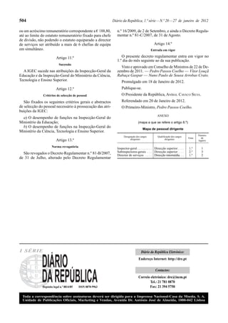 504                                                         Diário da República, 1.ª série — N.º 20 — 27 de janeiro de 2012

ou um acréscimo remuneratório correspondente a € 188,80,       n.º 16/2009, de 2 de Setembro, e ainda o Decreto Regula-
até ao limite do estatuto remuneratório fixado para chefe      mentar n.º 81-C/2007, de 31 de Agosto.
de divisão, não podendo o estatuto equiparado a director
de serviços ser atribuído a mais de 6 chefias de equipa                                        Artigo 14.º
em simultâneo.                                                                              Entrada em vigor

                         Artigo 11.º                              O presente decreto regulamentar entra em vigor no
                                                               1.º dia do mês seguinte ao da sua publicação.
                            Sucessão
                                                                 Visto e aprovado em Conselho de Ministros de 22 de De-
  A IGEC sucede nas atribuições da Inspecção-Geral da          zembro de 2011. — Pedro Passos Coelho — Vítor Louçã
Educação e da Inspecção-Geral do Ministério da Ciência,        Rabaça Gaspar — Nuno Paulo de Sousa Arrobas Crato.
Tecnologia e Ensino Superior.                                     Promulgado em 18 de Janeiro de 2012.
                         Artigo 12.º                              Publique-se.
              Critérios de selecção de pessoal                    O Presidente da República, ANÍBAL CAVACO SILVA.
   São fixados os seguintes critérios gerais e abstractos         Referendado em 20 de Janeiro de 2012.
de selecção do pessoal necessário à prossecução das atri-         O Primeiro-Ministro, Pedro Passos Coelho.
buições da IGEC:
                                                                                                  ANEXO
  a) O desempenho de funções na Inspecção-Geral do
Ministério da Educação;                                                          (mapa a que se refere o artigo 8.º)
  b) O desempenho de funções na Inspecção-Geral do
                                                                                     Mapa de pessoal dirigente
Ministério da Ciência, Tecnologia e Ensino Superior.
                                                                                                                                    Número
                                                                    Designação dos cargos         Qualificação dos cargos
                                                                                                                             Grau     de
                         Artigo 13.º                                      dirigentes                     dirigentes
                                                                                                                                    lugares

                     Norma revogatória
                                                               Inspector-geral . . . . . . . . . Direcção superior . . . .   1.º      1
  São revogados o Decreto Regulamentar n.º 81-B/2007,          Subinspectores-gerais . . . Direcção superior . . . .         2.º      3
                                                               Director de serviços . . . . Direcção intermédia. . .         1.º      2
de 31 de Julho, alterado pelo Decreto Regulamentar




I SÉRIE                                                                             Diário da República Eletrónico:
                                                                                 Endereço Internet: http://dre.pt

                                                                                                Contactos:
                                                                                 Correio eletrónico: dre@incm.pt
                                                                                        Tel.: 21 781 0870
              Depósito legal n.º 8814/85   ISSN 0870-9963                               Fax: 21 394 5750

  Toda a correspondência sobre assinaturas deverá ser dirigida para a Imprensa Nacional-Casa da Moeda, S. A.
  Unidade de Publicações Oficiais, Marketing e Vendas, Avenida Dr. António José de Almeida, 1000-042 Lisboa
 