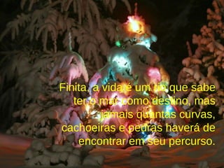 Finita, a vida é um rio que sabe ter o mar como destino, mas jamais quantas curvas, cachoeiras e pedras haverá de encontrar em seu percurso. 