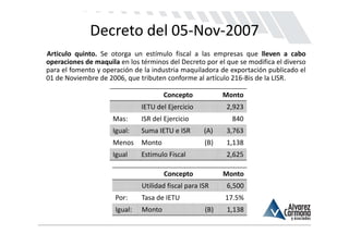 Decreto del 05‐Nov‐2007
Articulo quinto. Se otorga un estímulo fiscal a las empresas que lleven a cabo
operaciones de maquila en los términos del Decreto por el que se modifica el diverso
para el fomento y operación de la industria maquiladora de exportación publicado el
01 de Noviembre de 2006, que tributen conforme al artículo 216‐Bis de la LISR.

                                         Concepto                  Monto
                               IETU del Ejercicio                  2,923
                     Mas:      ISR del Ejercicio                     840
                     Igual:    Suma IETU e ISR        (A)          3,763
                     Menos     Monto                         (B)   1,138
                     Igual     Estimulo Fiscal                     2,625

                                         Concepto                  Monto
                               Utilidad fiscal para ISR             6,500
                      Por:     Tasa de IETU                        17.5%
                      Igual:   Monto                         (B)    1,138
 