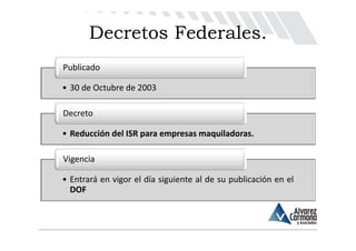Decretos Federales.
Publicado

• 30 de Octubre de 2003

Decreto

• Reducción del ISR para empresas maquiladoras.

Vigencia

• Entrará en vigor el día siguiente al de su publicación en el
  DOF
 