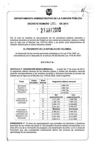 REPUBLlCA DE COLOMBIA

/:"

:'I?"

C,
DEPARTAMENTO ADMINISTRATIVO DE LA FUNCiÓN .PúaJ".fcÁoo._ o, "1:: . F."::"

DECRETO NÚMERO

1001

DE 2013

(

Por el cual se modiofica la remuneración de los servidores públicos docentes y
directivos docentes al servicio del Estado en los niveles de preescolar, básica y media
que se rigen por el Decreto Ley 1278 de 2002, y se dictan otras disposiciones de
carácter salarial para el sector educativo estatal
EL PRESIDENTE DE LA REPUBLlCA DE COLOMBIA,
en desarrollo de las normas generales señaladas en la Ley 4a de 1992, en
concordancia con lo dispuesto en el artículo 46 del Decreto Ley 1278 de 2002.

DECRETA:

ARTICULO 1°. ASIGNACiÓN BÁSICA MENSUAL.
A partir del 10 de enero de 2013,
la asignación básica mensual de los distintos grados y niveles del escalafón nacional
docente correspondientes a los empleos docentes y directivos docentes al servicio del
Estado que se rigen por el Decreto Ley 1278 de 2002, será la siguiente:
Titulo
Normalista
Superior o
Tecnólogo en
Educación

Licenciado o
Profesional no
Licenciado

Grado
Escalafón

1

Nivel
Salarial

A
8

1.089.779
1.389.163
1.790.736
2.219.932

e
D

2

A
8

e
D

Licenciado o
Profesional no
Licenciado con
Maestría o con
Doctorado

Asignación básica mensual

3

A
8

Sin
especialización
1.371.565
1.792.122
2.093.174
2.501.341
Maestría

Con
especialización
1.490.798
1.904.719
2.359.699
2.792.547
Doctorado

e

2.295.551
2.718.021
3.361.525

3.045.225
3.574.716
4.513.952

D

3.895.013

5.181.869

PARÁGRAFO 1°. El título de especialización que acrediten los docentes y directivos
docentes de los niveles del grado 2° del escalafón docente deberá corresponder a un
área afín a la de su formación de pregrado o de desempeño dúcente, o en un área de
formación que sea considerada fundamental dentro del proceso de enseñanza­
aprendizaje de los estudiantes.

~.".

.""'

 