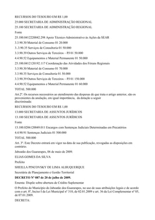 RECURSOS DO TESOURO EM R$ 1,00
25.000 SECRETARIA DE ADMINISTRAÇÃO REGIONAL
25.100 SECRETARIA DE ADMINISTRAÇÃO REGIONAL
Fonte
25.100.0412220042.298 Apoio Técnico-Administrativo às Ações da SEAR
3.3.90.30 Material de Consumo 01 20.000
3..3.90.35 Serviços de Consultoria 01 50.000
3.3.90.39 Outros Serviços de Terceiros – PJ 01 50.000
4.4.90.52 Equipamentos e Material Permanente 01 50.000
25.100.0412120192.117 Coordenação das Atividades dos Fóruns Regionais
3.3.90.30 Material de Consumo 01 70.000
3.3.90.35 Serviços de Consultoria 01 50.000
3.3.90.39 Outros Serviços de Terceiros – PJ 01 150.000
4.4.90.52 Equipamentos e Material Permanente 01 60.000
TOTAL 500.000
Art.2º. Os recursos necessários ao atendimento das despesas de que trata o artigo anterior, são os
provenientes da anulação, em igual importância, da dotação a seguir
discriminada:
RECURSOS DO TESOURO EM R$ 1,00
13.000 SECRETARIA DE ASSUNTOS JURÍDICOS
13.100 SECRETARIA DE ASSUNTOS JURÍDICOS
Fonte
13.100.0206120049.011 Encargos com Sentenças Judiciais Determinadas em Precatórios
4.4.90.91 Sentenças Judiciais 01 500.000
TOTAL 500.000
Art. 3º. Este Decreto entrará em vigor na data de sua publicação, revogadas as disposições em
contrário.
Jaboatão dos Guararapes, 06 de maio de 2009.
ELIAS GOMES DA SILVA
Prefeito
SHEILLA PINCOVSKY DE LIMA ALBUQUERQUE
Secretária de Planejamento e Gestão Territorial
DECRETO Nº 087 de 20 de julho de 2009.
Ementa: Dispõe sobre abertura de Crédito Suplementar
O Prefeito do Município do Jaboatão dos Guararapes, no uso de suas atribuições legais e de acordo
com o art. 8º, Inciso I da Lei Municipal nº 310, de 02.01.2009 e art. 36 da Lei Complementar nº 05,
de 07.01.2009.
DECRETA:
 