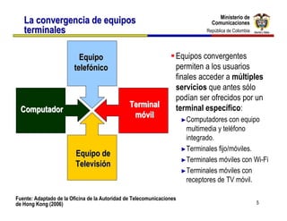 Ministerio de
                                                                                   Ministerio de
   La convergencia de equipos                                                   Comunicaciones
                                                                                Comunicaciones
   terminales                                                                 República de Colombia
                                                                               República de Colombia




                          Equipo                                   Equipos convergentes
                        telefónico                                 permiten a los usuarios
                                                                   finales acceder a múltiples
                                                                   servicios que antes sólo
                                                                   podían ser ofrecidos por un
                                                Terminal           terminal específico:
  Computador
                                                 móvil
                                                                       ►Computadores    con equipo
                                                                        multimedia y teléfono
                                                                        integrado.
                                                                       ►Terminales fijo/móviles.
                         Equipo de
                                                                       ►Terminales móviles con Wi-Fi
                         Televisión
                                                                       ►Terminales móviles con
                                                                        receptores de TV móvil.

Fuente: Adaptado de la Oficina de la Autoridad de Telecomunicaciones
de Hong Kong (2006)                                                                                    5
 