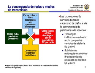Ministerio de
                                                                                   Ministerio de
   La convergencia de redes o medios                                            Comunicaciones
                                                                                Comunicaciones
   de transmisión                                                             República de Colombia
                                                                               República de Colombia


                       Par de cobre o
                            Fibra                                      Los proveedores de
                        desplegada                                     servicios tienen la
                             por
                        operadores                                     capacidad de disfrutar de
                        telefónicos                                    la convergencia de
                                              Cable coaxial            plataformas de servicios:
  Ondas radio-                                   o Fibra                ► Tecnologías
    eléctricas                                 desplegada
   (terrestres)                                  por un                   inalámbricas de banda
                                              operador de                 ancha que prestan
                                              TV por cable
                                                                          servicios de telefonía
                                                                          fija y móvil.
                         Ondas radio-                                   ► Subsistemas
                          eléctricas                                      multimedia en protocolo
                         (satelitales)
                                                                          IP que permiten la
                                                                          prestación de telefonía
                                                                          fija y móvil.
Fuente: Adaptado de la Oficina de la Autoridad de Telecomunicaciones
de Hong Kong (2006)                                                                                    6
 