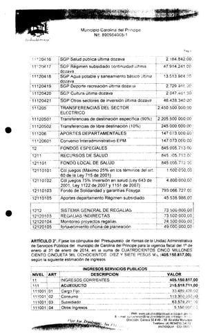 Municipio Carolina del Principe
Nit. 890984068-1
1-^20416
11 "í 204 17
; 11120418
i
¡11120419
r 11120420
' 11120421
¡ 111205
,! 11120501
M 1120502
¡111206
11120601
¡12
i1211
í 121 101
12110101
12110102i
.12110103
; 12110105
í " ~" '
J1212
¡12120103
[12120104
i 12120105
ÍSGP Salud pública última dozava
j SGP Régimen subsidiado continuidad ultima
| dozava
| SGP Agua potable y saneamiento básico última
i dozava
j SGP Deporte recreación última dozava
! SGP Cultura última dozava
¡ SGP Otros sectores de inversión última dozava
i
i TRANSFERENCIAS DEL SECTOR
] ELÉCTRICO
; Transferencias de destinación específica (90%)
i
i Transferencias de libre destinación (10%)
¡APORTES DEPARTAMENTALES
í Convenio Interadministrativo EPM
ÍFOÑDÓS ESPECIALES
IRECURSOS DE SALUD
i FONDO LOCAL DE SALUD
j
I Coi juegos {Máximo 25% en los términos del art.
i 60 de la Ley 715 de 2001)
: Col juegos 75% Inversión en salud (Ley 643 de
i 2001, Ley 1122de20Q77 1151 de 2007)
| Fondo de Solidaridad y garantías Fosyga
i Aportes departamento Régimen subsidiado
SISTEMA GENERAL DE REGALÍAS
[REGALÍAS INDIRECTAS
| Moniíoreo proyectos regalías
! fortalecimiento oficina de planeación
2.184.842,00,
47.914.241 00
13.513.984.00
2.729.348 01?:
2.047.461,00
46.438.340,00
2.450.500.000,00
2.205.500.000,00
245.000.000,00
147.073.000,00'
147.073.000,00-
845.005.713,00
845.005.713.OC
845.005.713,00
1.600.000,00
4.800.000,00
793.066.727.0C
45.538.986,00
73.500.000,00
73.500.000,00,
24.500.000,00
49.000.000,00
ARTÍCULO 2°. Fíjese ios cómputosde) Presupuesto de Rentas de la UnidadAdministrativa
de Servicios Públicos del municipio de Carolina del Príncipe para la vigenciafiscal del 1° de
enero al 31 de enero de 2014, en ía suma de CUATROCIENTOS CINCO MILLONES
CIENTO CINCUETA MIL OCHOCIENTOS DIEZ Y SIETE PESOS M.L (405.150.817,1
según la siguiente estimaciónde ingresos:
r - -
i NIVEL
'11
M11
; 111001
: 111001
111001
I 111001
ART
i •
¡01
:02
!03
| 04
INGRESOS SERVICIOSPÚBLICOS
| DESCRIPCIÓN
[INGRESOS CORRIENTES
Í ACUEDUCTO
i Cargo Fijo
IConsumo
! Subsidiado
| Otros Ingresos
Web: WWW_.C:M_
E - ma<¡: ttjívftrfenos'í&caí
VALOR
405.150
215.518
33.489
113.300
63.579
5.150
"iíifiíscjejyríiicjptí -ísiiiiOtiu^fs -
j'i''ifií)e!piinrin«í -fsM'OQlií"' ~
.817,00
.711,00
.470,00
"•- *** - O
^ÜT -",Q
000/ •}
O V Í W
f" '. '
Dirección. Carrera 50# 49 - 59.Alcaidía Municipal
Teléfono: (4) &634013 Ext.10'
ANTIOQUiA COi.OMC-'-.
 
