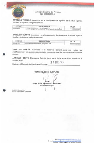 Municipio Carolina del Príncipe
Nit. 890984068-1
ARTÍCULO TERCERO: incorporar en el presupuesto de ingresos de la actual vigencia
fiscal en el siguiente código el valor así;
CÓDIGO
11120604
DESCRIPCIÓN
Aporte Departamento SSPS fortalecimiento PAI
VALOR
2.000.00,00
ARTÍCULO CUARTO: incorporar en el presupuesto de egresos de la actual vigencia
fiscal en el siguiente código el valor así:
CÓDIGO
22050103
DESCRIPCIÓN
Aportes fortalecimiento programa PAI
VALOR
2.0000.000,00
ARTICULO QUINTO: autorícese a la Tesorera General para que realice las
modificaciones y los ajustes presupuéstales necesarios para dar cumplimiento al presente
decreto.
ARTÍCULO SEXTO: El presente Decreto rige a partir de la fecha de su expedición y
Sanciónle9al .2 7 ENE 9014
Dado en el Municipio de Carolina del Príncipe, _
COMUNIQÚESE Y CÚMPLASE
ELABORO Esdoce/2014
REVISO: H.A.J.V asesor Presupuesta!
JUAN JOSÉ VASQUEZ CÁRDENAS
Aleaos Municipal'
Web: vww-carolinadelprincipe-antiQQUia.gov.co
E - mail: contactenos@carolinadelpfincipe-aniioauia.aQV.co
Dirección: Carrera 50 # 49- 59.Alcaldía Municioal
 