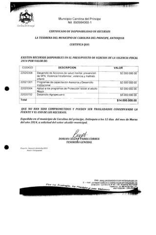 Municipio Carolina del Príncipe
Nit. 890984068-1
CERTIFICADO DE DISPONIBILIDAD DE RECURSOS
LA TESORERA DEL MUNICIPIO DE CAROLINA DEL PRINCIPE, ANTIOQUIA
CERTIFICA QUE:
EXISTEN RECURSOS DISPONIBLES EN EL PRESUPUESTO DE EGRESOS DE LA VIGENCIA FISCAL
2014 POR VALORDE:
CÓDIGO
22020308
22021301
22020304
22020702
Tota!
DESCRIPCIÓN
Desarrollo de Acciones de salud mental, prevención
de SPA,Violencia Intrafamiliar, violencia y maltrato
infantil
Programas de capacitación Asesoría y Desarrollo
Institucional
Apoyo a los programas de Protección social al adulto
Mayor
Desarrollo Agropecuario
VALOR
$2.000.000.00
$2.000.000.00
$2.000.000.00
$8.000.000.00
$14.000.000.00
QUE NO HAN SIDO COMPROMETIDOS Y PUEDEN SER TRASLADADOS CONSERVANDO LA
FUENTE Y EL USO DE LOS RECURSOS.
Expedida en el municipio de Carolina del príncipe, Antioquia a los 12 días del mes de Marzo
del año 2014,a solicitud del señor alcalde municipal.
DORIANC
TESORE,
'ARRA CORREA
GENERAL
Web: www.caropnadeIprjncipe-a_ntiogu¡a,aov.CO
E - mail: contactenos@caro1inadei^rjngipe-antioQUJa,gav.CQ
Dirección: Carrera 50 # 49 - 56. Alcaldía Munloip»!
Teléfono; (4) 8634033 Ext. 101,
 