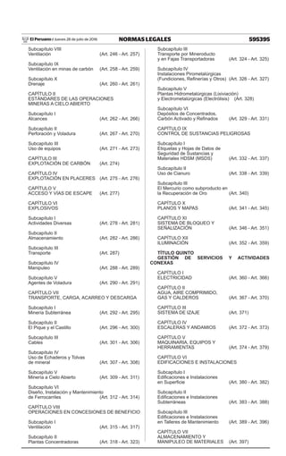 595395NORMAS LEGALESJueves 28 de julio de 2016El Peruano /
Subcapítulo VIII
Ventilación	 (Art. 246 - Art. 257)
Subcapítulo IX
Ventilación en minas de carbón	 (Art. 258 - Art. 259)
Subcapítulo X
Drenaje	 (Art. 260 - Art. 261)
CAPÍTULO II
ESTÁNDARES DE LAS OPERACIONES
MINERAS A CIELO ABIERTO
Subcapítulo I
Alcances	 (Art. 262 - Art. 266)
Subcapítulo II
Perforación y Voladura	 (Art. 267 - Art. 270)
Subcapítulo III
Uso de equipos	 (Art. 271 - Art. 273)
CAPÍTULO III
EXPLOTACIÓN DE CARBÓN 	 (Art. 274)
CAPÍTULO IV
EXPLOTACIÓN EN PLACERES 	 (Art. 275 - Art. 276)
CAPÍTULO V
ACCESO Y VÍAS DE ESCAPE	 (Art. 277)
CAPÍTULO VI
EXPLOSIVOS
Subcapítulo I
Actividades Diversas	 (Art. 278 - Art. 281)
Subcapítulo II
Almacenamiento	 (Art. 282 - Art. 286)
Subcapítulo III
Transporte	 (Art. 287)
Subcapítulo IV
Manipuleo	 (Art. 288 - Art. 289)
Subcapítulo V
Agentes de Voladura 	 (Art. 290 - Art. 291)
CAPÍTULO VII
TRANSPORTE, CARGA, ACARREO Y DESCARGA
Subcapítulo I
Minería Subterránea	 (Art. 292 - Art. 295)
Subcapítulo II
El Pique y el Castillo 	 (Art. 296 - Art. 300)
Subcapítulo III
Cables 	 (Art. 301 - Art. 306)
Subcapítulo IV
Uso de Echaderos y Tolvas
de mineral	 (Art. 307 - Art. 308)
Subcapítulo V
Minería a Cielo Abierto 	 (Art. 309 - Art. 311)
Subcapítulo VI
Diseño, Instalación y Mantenimiento
de Ferrocarriles 	 (Art. 312 - Art. 314)
CAPÍTULO VIII
OPERACIONES EN CONCESIONES DE BENEFICIO
Subcapítulo I
Ventilación 	 (Art. 315 - Art. 317)
Subcapítulo II
Plantas Concentradoras 	 (Art. 318 - Art. 323)
Subcapítulo III
Transporte por Mineroducto
y en Fajas Transportadoras 	 (Art. 324 - Art. 325)
Subcapítulo IV
Instalaciones Pirometalúrgicas
(Fundiciones, Refinerías y Otros) 	(Art. 326 - Art. 327)
Subcapítulo V
Plantas Hidrometalúrgicas (Lixiviación)
y Electrometalúrgicas (Electrólisis) 	 (Art. 328)
Subcapítulo VI
Depósitos de Concentrados,
Carbón Activado y Refinados 	 (Art. 329 - Art. 331)
CAPÍTULO IX
CONTROL DE SUSTANCIAS PELIGROSAS
Subcapítulo I
Etiquetas y Hojas de Datos de
Seguridad de Sustancias y
Materiales HDSM (MSDS) 	 (Art. 332 - Art. 337)
Subcapítulo II
Uso de Cianuro 	 (Art. 338 - Art. 339)
Subcapítulo III
El Mercurio como subproducto en
la Recuperación de Oro 	 (Art. 340)
CAPÍTULO X
PLANOS Y MAPAS	 (Art. 341 - Art. 345)
CAPÍTULO XI
SISTEMA DE BLOQUEO Y
SEÑALIZACIÓN 	 (Art. 346 - Art. 351)
CAPÍTULO XII
ILUMINACIÓN 	 (Art. 352 - Art. 359)
TÍTULO QUINTO
GESTIÓN DE SERVICIOS Y ACTIVIDADES
CONEXAS
CAPÍTULO I
ELECTRICIDAD	 (Art. 360 - Art. 366)
CAPÍTULO II
AGUA, AIRE COMPRIMIDO,
GAS Y CALDEROS 	 (Art. 367 - Art. 370)
CAPÍTULO III
SISTEMA DE IZAJE 	 (Art. 371)
CAPÍTULO IV
ESCALERAS Y ANDAMIOS 	 (Art. 372 - Art. 373)
CAPÍTULO V
MAQUINARIA, EQUIPOS Y
HERRAMIENTAS 	 (Art. 374 - Art. 379)
CAPÍTULO VI
EDIFICACIONES E INSTALACIONES
Subcapítulo I
Edificaciones e Instalaciones
en Superficie 	 (Art. 380 - Art. 382)
Subcapítulo II
Edificaciones e Instalaciones
Subterráneas 	 (Art. 383 - Art. 388)
Subcapítulo III
Edificaciones e Instalaciones
en Talleres de Mantenimiento	 (Art. 389 - Art. 396)
CAPÍTULO VII
ALMACENAMIENTO Y
MANIPULEO DE MATERIALES 	 (Art. 397)
 