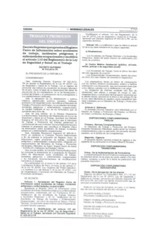 Decreto Supremo N° 012 2014-TR - Aprueba el Registro Único de Información sobre Accidentes de Trabajo Incidentes Peligrosos y Enfermedades Ocupacionales