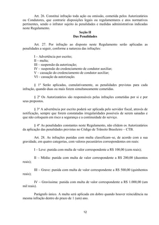 Art. 26. Constitui infração toda ação ou omissão, cometida pelos Autorizatários
ou Condutores, que contrarie disposições legais ou regulamentares e atos normativos
pertinentes, sendo o infrator sujeito às penalidades e medidas administrativas indicadas
neste Regulamento.
                                         Seção II
                                     Das Penalidades

        Art. 27. Por infração ao disposto neste Regulamento serão aplicadas as
penalidades a seguir, conforme a natureza das infrações:

          I – Advertência por escrito;
          II – multa;
          III – suspensão da autorização;
          IV – suspensão do credenciamento de condutor auxiliar;
          V – cassação do credenciamento de condutor auxiliar;
          VI – cassação da autorização.

        § 1º Serão aplicadas, cumulativamente, as penalidades previstas para cada
infração, quando duas ou mais forem simultaneamente cometidas.

        § 2º Os Autorizatários são responsáveis pelas infrações cometidas por si e por
seus prepostos.

         § 3º A advertência por escrito poderá ser aplicada pelo servidor fiscal, através de
notificação, sempre que forem constatadas irregularidades possíveis de serem sanadas e
que não coloquem em risco a segurança e a continuidade do serviço.

        § 4º As penalidades constantes neste Regulamento, não elidem os Autorizatários
da aplicação das penalidades previstas no Código de Trânsito Brasileiro – CTB.

        Art. 28. As infrações punidas com multa classificam–se, de acordo com a sua
gravidade, em quatro categorias, com valores pecuniários correspondentes em reais:

          I – Leve: punida com multa de valor correspondente a R$ 100,00 (cem reais);

          II – Média: punida com multa de valor correspondente a R$ 200,00 (duzentos
reais);

          III – Grave: punida com multa de valor correspondente a R$ 500,00 (quinhentos
reais);

         IV – Gravíssima: punida com multa de valor correspondente a R$ 1.000,00 (um
mil reais).

       Parágrafo único. A multa será aplicada em dobro quando houver reincidência na
mesma infração dentro do prazo de 1 (um) ano.


                                            12
 