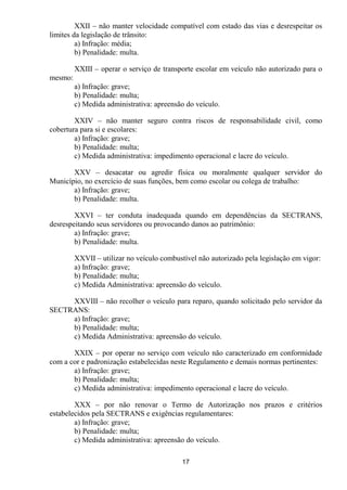 XXII – não manter velocidade compatível com estado das vias e desrespeitar os
limites da legislação de trânsito:
         a) Infração: média;
         b) Penalidade: multa.

         XXIII – operar o serviço de transporte escolar em veículo não autorizado para o
mesmo:
         a) Infração: grave;
         b) Penalidade: multa;
         c) Medida administrativa: apreensão do veículo.

        XXIV – não manter seguro contra riscos de responsabilidade civil, como
cobertura para si e escolares:
        a) Infração: grave;
        b) Penalidade: multa;
        c) Medida administrativa: impedimento operacional e lacre do veículo.

       XXV – desacatar ou agredir física ou moralmente qualquer servidor do
Município, no exercício de suas funções, bem como escolar ou colega de trabalho:
       a) Infração: grave;
       b) Penalidade: multa.

        XXVI – ter conduta inadequada quando em dependências da SECTRANS,
desrespeitando seus servidores ou provocando danos ao patrimônio:
        a) Infração: grave;
        b) Penalidade: multa.

         XXVII – utilizar no veículo combustível não autorizado pela legislação em vigor:
         a) Infração: grave;
         b) Penalidade: multa;
         c) Medida Administrativa: apreensão do veículo.

     XXVIII – não recolher o veículo para reparo, quando solicitado pelo servidor da
SECTRANS:
     a) Infração: grave;
     b) Penalidade: multa;
     c) Medida Administrativa: apreensão do veículo.

       XXIX – por operar no serviço com veículo não caracterizado em conformidade
com a cor e padronização estabelecidas neste Regulamento e demais normas pertinentes:
       a) Infração: grave;
       b) Penalidade: multa;
       c) Medida administrativa: impedimento operacional e lacre do veículo.

        XXX – por não renovar o Termo de Autorização nos prazos e critérios
estabelecidos pela SECTRANS e exigências regulamentares:
        a) Infração: grave;
        b) Penalidade: multa;
        c) Medida administrativa: apreensão do veículo.

                                            17
 