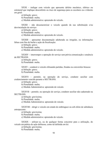 XXXI – trafegar com veículo que apresente defeito mecânico, elétrico ou
estrutural que implique desconforto ou risco de segurança para os escolares ou o trânsito
em geral:
         a) Infração: grave;
         b) Penalidade: multa;
         c) Medida administrativa: apreensão do veículo.

       XXXII – não descaracterizar o veiculo quando da sua substituição e/ou
desvinculação do serviço:
       a) Infração: grave;
       b) Penalidade: multa;
       c) Medida administrativa: apreensão do veículo.

         XXXIII – apresentar documentação adulterada ou irregular, ou informações
falsas com fins de burlar a ação da fiscalização:
         a) Infração: grave;
         b) Penalidade: multa;
         c) Medida administrativa: apreensão do veículo.

      XXXIV – interromper a operação do serviço sem prévia comunicação e anuência
da SECTRANS:
      a) Infração: grave;
      b) Penalidade: multa.

        XXXV – conduzir o veículo efetuando partidas, freadas ou conversões bruscas:
        a) Infração: grave;
        b) Penalidade: multa.

        XXXVI – permitir, na operação do serviço, condutor auxiliar com
credenciamento vencido perante a SECTRANS.
        a) Infração: grave;
        b) Penalidade: multa;
        c) Medida Administrativa: apreensão do veículo.

     XXXVII – permitir, na operação do serviço, condutor auxiliar não cadastrado na
SECTRANS:
     a) Infração: gravíssima;
     b) Penalidade: multa;
     c) Medida Administrativa: apreensão do veículo.

        XXXVIII – dirigir o veículo em estado de embriaguez ou sob efeito de substância
entorpecente:
        a) Infração: gravíssima;
        b) Penalidade: multa;
        c) Medida administrativa: apreensão do veículo.

        XXXIX – utilizar–se, ou de qualquer forma concorrer para a utilização, do
veículo em prática de ação delituosa, como tal definida em lei:
        a) Infração: gravíssima;
        b) Penalidade: multa;
                                           18
 