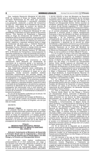 2 NORMAS LEGALES Domingo 15 de marzo de 2020 / El Peruano
Que, mediante Resolución Ministerial Nº 083-2020-
PCM, se confor...