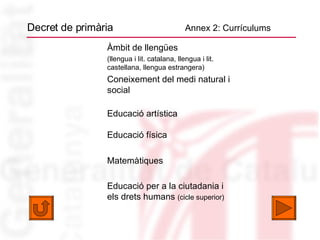 Decret de primària  Annex 2: Currículums Àmbit de llengües (llengua i lit. catalana, llengua i lit. castellana, llengua estrangera) Coneixement del medi natural i social Educació artística  Educació física Matemàtiques Educació per a la ciutadania i els drets humans  (cicle superior) 