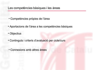 Les competències bàsiques i les àrees Aportacions de l’àrea a les competències bàsiques  Continguts i criteris d’avaluació per cicle/curs Competències pròpies de l’àrea Objectius  Connexions amb altres àrees 