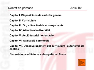 Decret de primària  Articulat Disposicions addicionals, derogatòria i finals Capítol II. Currículum Capítol III. Organització dels ensenyaments Capítol IV. Atenció a la diversitat Capítol V. Acció tutorial i orientació Capítol VI. Avaluació i promoció Capítol VII. Desenvolupament del currículum i autonomia de centres Capítol I. Disposicions de caràcter general 