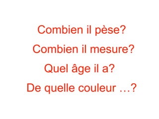 Combien il pèse?
Combien il mesure?
Quel âge il a?
De quelle couleur …?