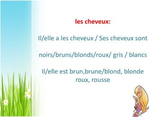 les cheveux:
Il/elle a les cheveux / Ses cheveux sont
noirs/bruns/blonds/roux/ gris / blancs
Il/elle est brun,brune/blond, blonde
roux, rousse
 