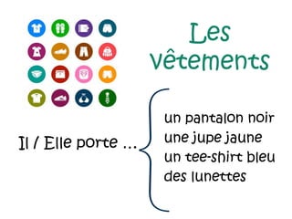Les
vêtements
un pantalon noir
une jupe jaune
un tee-shirt bleu
des lunettes
Il / Elle porte …
 