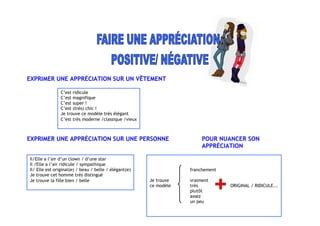 EXPRIMER UNE APPRÉCIATION SUR UN VÊTEMENT
EXPRIMER UNE APPRÉCIATION SUR UNE PERSONNE POUR NUANCER SON
APPRÉCIATION
C’est ridicule
C’est magnifique
C’est super !
C’est (très) chic !
Je trouve ce modèle très élégant
C’est très moderne /classique /vieux
Il/Elle a l’air d’un clown / d’une star
Il /Elle a l’air ridicule / sympathique
Il/ Elle est original(e) / beau / belle / élégant(e)
Je trouve cet homme très distingué
Je trouve la fille bien / belle
franchement
Je trouve vraiment
ce modèle très ORIGINAL / RIDICULE...
plutôt
assez
un peu
 