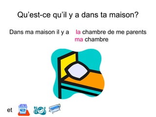 Qu’est-ce qu’il y a dans ta maison?
Dans ma maison il y a la chambre de me parents
et
ma chambre
 
