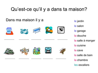 Qu’est-ce qu’il y a dans ta maison?
Dans ma maison il y a le jardin
le salon
le garage
la douche
la salle à manger
la cuisine
la cave
la salle de bain
la chambre
les escaliers
 