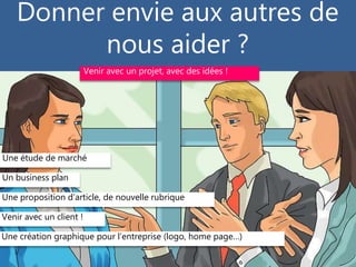 Donner envie aux autres de
nous aider ?
Une étude de marché
Un business plan
Une proposition d’article, de nouvelle rubrique
Venir avec un client !
Une création graphique pour l’entreprise (logo, home page…)
Venir avec un projet, avec des idées !
 