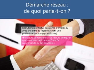 Démarche réseau :
de quoi parle-t-on ?
Recrutement effectué sans offre d’emploi ou
avec une offre de façade cachant une
préférence pour un(e) candidat(e)
 Posture du recruteur : « Je recrute quelqu’un
que je connais déjà ou que l’on m’a
recommandé ou fait connaître »
 