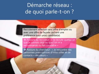 Démarche réseau :
de quoi parle-t-on ?
Recrutement effectué sans offre d’emploi ou
avec une offre de façade cachant une
préférence pour un(e) candidat(e)
 Posture du recruteur : « Je recrute quelqu’un
que je connais déjà ou que l’on m’a
recommandé ou fait connaître »
 Posture du chercheur : « Je rencontre des
personnes prescriptrices d’infos utiles et de
contacts « décideurs »
 