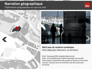 Narration géographique
l’information géographique au cœur du récit
Récit avec du contenu numérique
Story Map pour découvri...