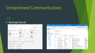 Streamlined Communication
YES:
 Backlogs/boards
 