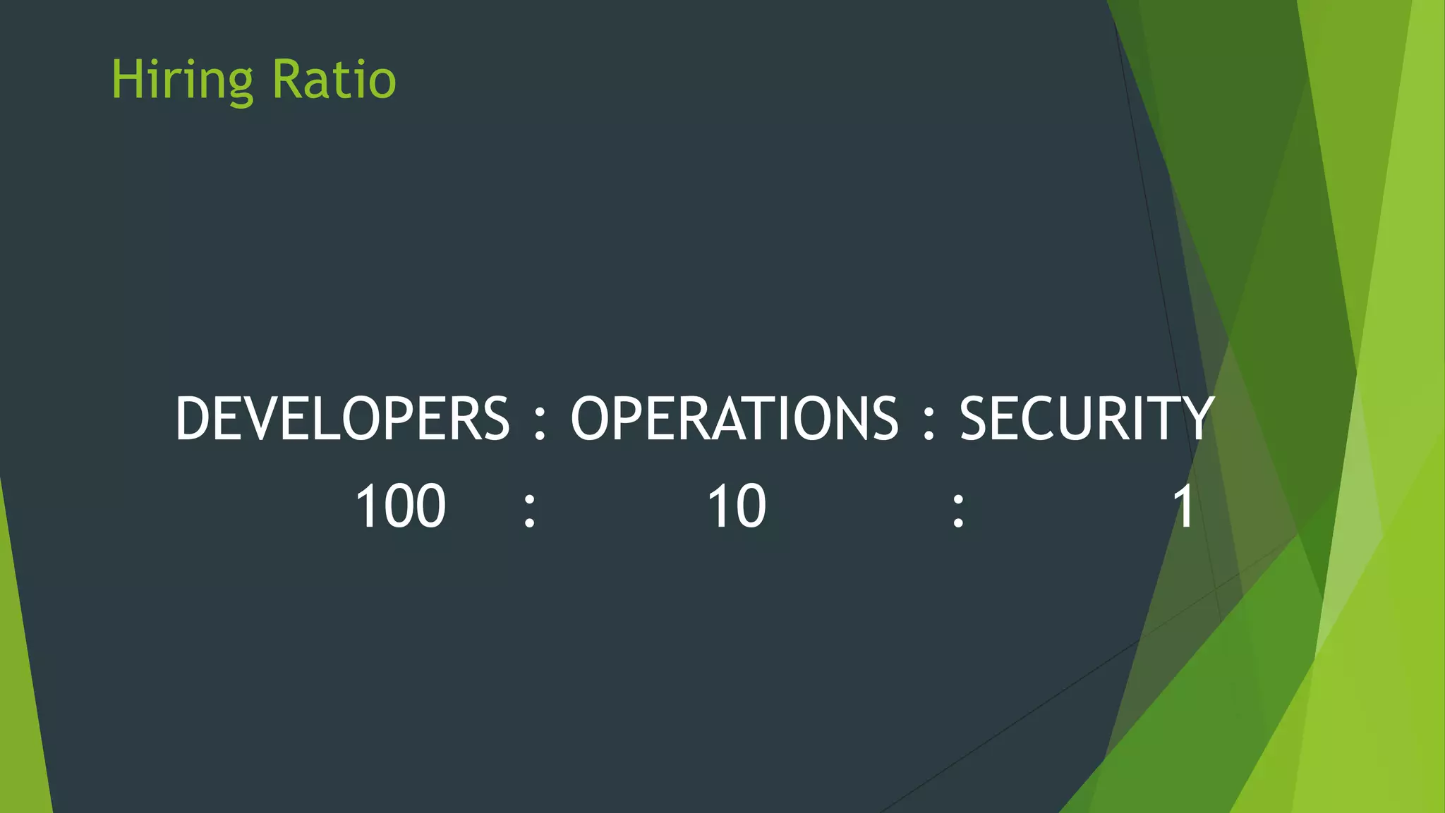 Hiring Ratio
DEVELOPERS : OPERATIONS : SECURITY
100 : 10 : 1
 
