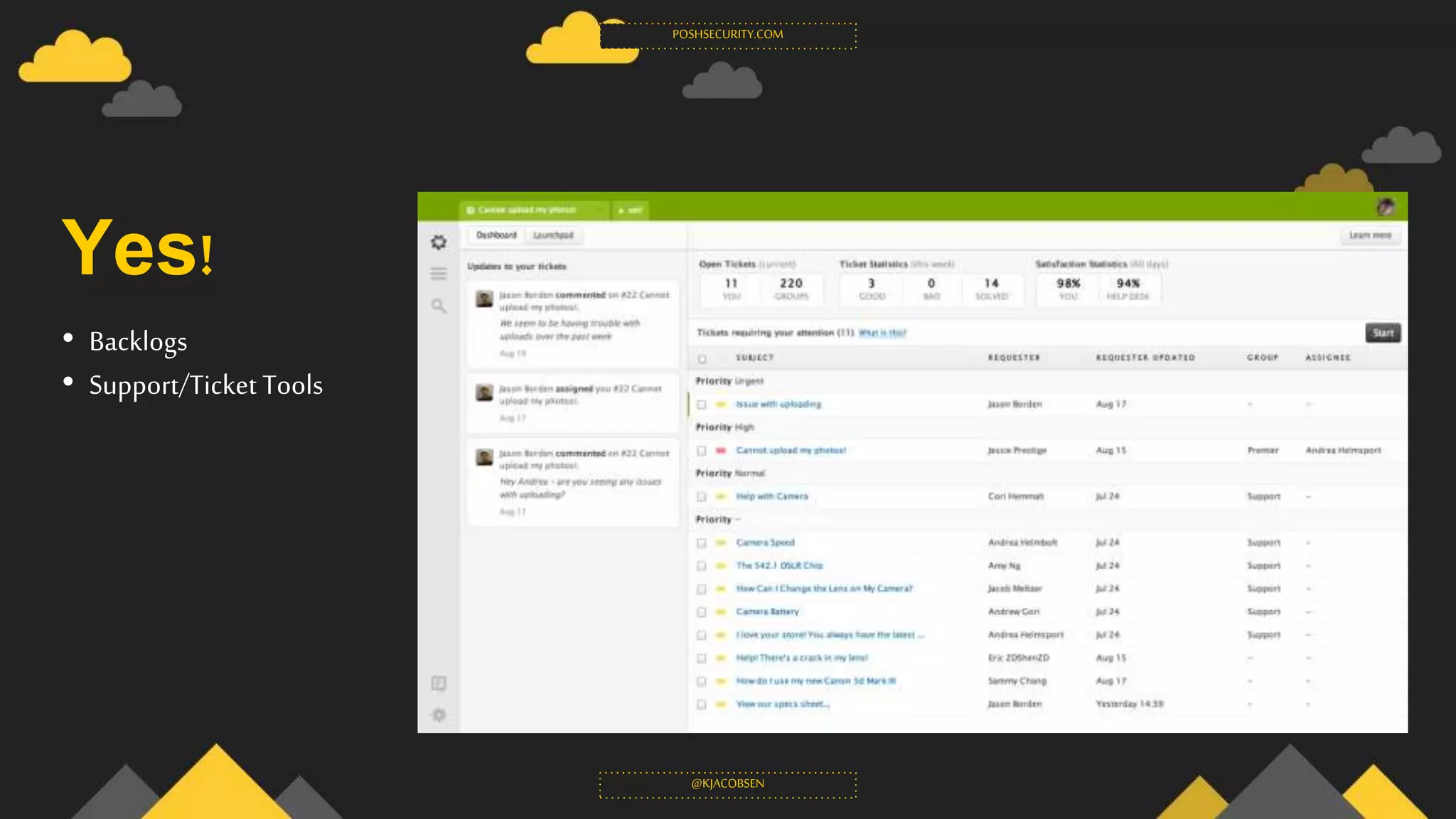 Yes!
• Backlogs
• Support/Ticket Tools
POSHSECURITY.COM
@KJACOBSEN
 