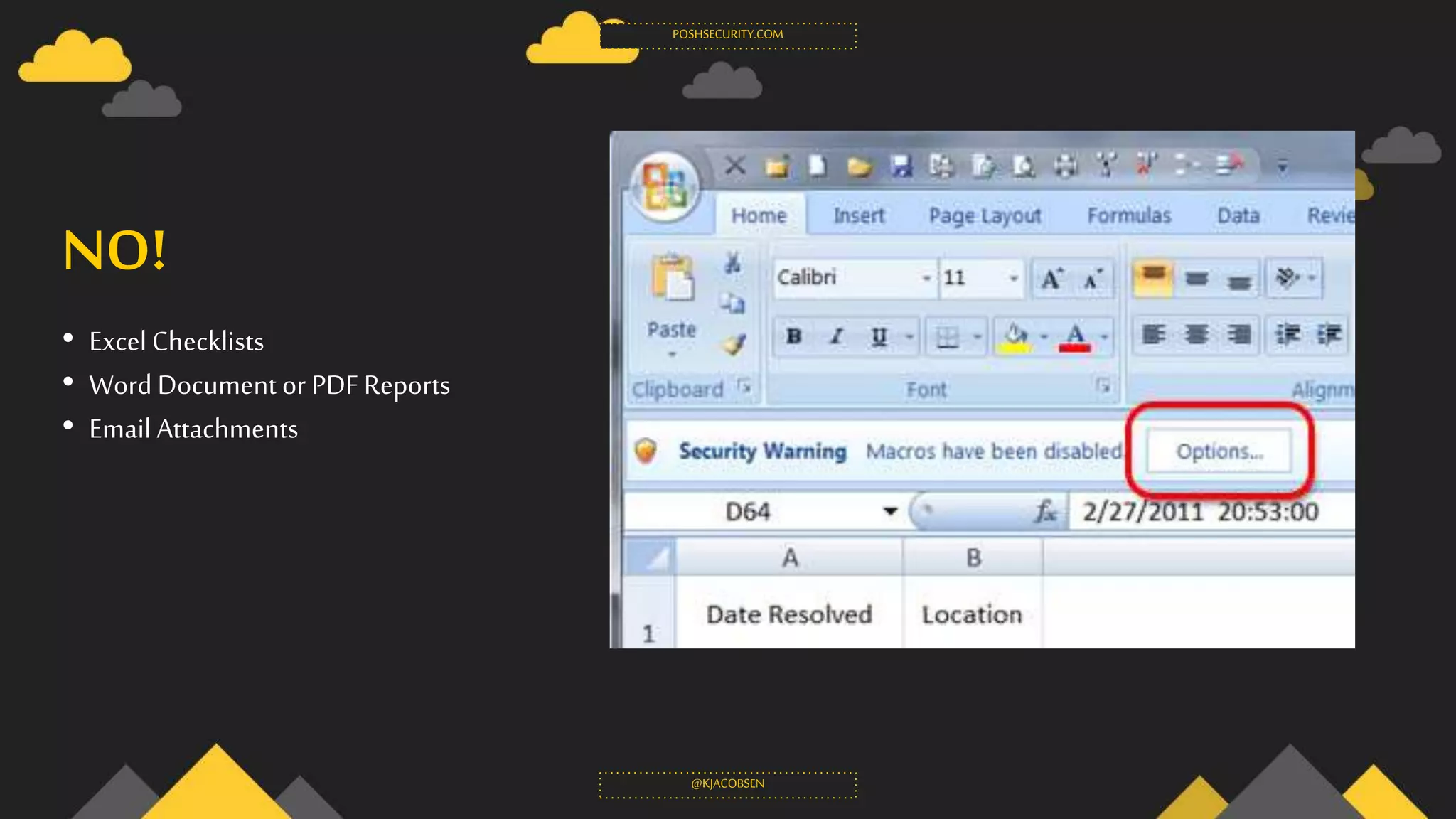 NO!
• Excel Checklists
• Word Document or PDFReports
• Email Attachments
POSHSECURITY.COM
@KJACOBSEN
 
