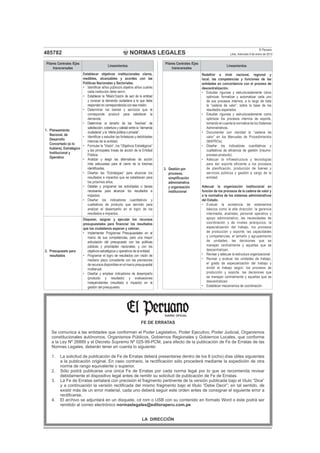 NORMAS LEGALES
El Peruano
Lima, miércoles 9 de enero de 2013485782
Pilares Centrales /Ejes
transversales
Lineamientos
1. Planeamiento
Nacional, de
Desarrollo
Concertado (si lo
hubiere), Estratégico
Institucional y
Operativo
Establecer objetivos institucionales claros,
medibles, alcanzables y acordes con las
Políticas Nacionales y Sectoriales.
• Identiﬁcar al/los público/s objetivo al/los cual/es
cada institución debe servir;
• Establecer la “Misión”(razón de ser) de la entidad
y conocer la demanda ciudadana a la que debe
responder en correspondencia con esa misión;
• Determinar los bienes y servicios que le
corresponde producir para satisfacer la
demanda;
• Determinar el tamaño de las “brechas” de
satisfacción, cobertura y calidad entre la “demanda
ciudadana” y la “oferta pública o privada”;
• Identiﬁcar y estudiar las fortalezas y debilidades
internas de la entidad;
• Formular la “Visión”, los “Objetivos Estratégicos”
y las principales líneas de acción de la Entidad
Pública;
• Analizar y elegir las alternativas de acción
más adecuadas para el cierre de la brechas
identiﬁcadas;
• Diseñar las “Estrategias” para alcanzar los
resultados e impactos que se establecen para
los próximos años;
• Detallar y programar las actividades o tareas
necesarias para alcanzar los resultados e
impactos;
• Diseñar los indicadores cuantitativos y
cualitativos de producto que servirán para
analizar el desempeño en el logro de los
resultados e impactos.
2. Presupuesto para
resultados
Disponer, asignar y ejecutar los recursos
presupuestales para ﬁnanciar los resultados
que los ciudadanos esperan y valoran.
• Implementar Programas Presupuestales en el
marco de sus competencias, para una mayor
articulación del presupuesto con las políticas
públicas y prioridades nacionales, y con los
objetivos estratégicos y operativos de la entidad.
• Programar el logro de resultados con visión de
mediano plazo consistente con las previsiones
de recursos disponibles en el marco presupuestal
multianual.
• Diseñar y emplear indicadores de desempeño
(producto y resultado) y evaluaciones
independientes (resultado e impacto) en la
gestión del presupuesto.
Pilares Centrales /Ejes
transversales
Lineamientos
3. Gestión por
procesos,
simpliﬁcación
administrativa
y organización
institucional
Redeﬁnir a nivel nacional, regional y
local, las competencias y funciones de las
entidades en concordancia con el proceso de
descentralización.
• Estudiar rigurosa y estructuradamente cómo
optimizar, formalizar y automatizar cada uno
de sus procesos internos, a lo largo de toda
la “cadena de valor”, sobre la base de los
resultados esperados.
• Estudiar rigurosa y estructuradamente como
optimizar los procesos internos de soporte,
tomando en cuenta la normativa de los Sistemas
Administrativos.
• Documentar con claridad la “cadena de
valor” en los Manuales de Procedimientos
(MAPROs).
• Diseñar los indicadores cuantitativos y
cualitativos de eﬁciencia de gestión (insumo-
proceso-producto).
• Adecuar la infraestructura y tecnologías
para dar soporte eficiente a los procesos
de planificación, producción de bienes y
servicios públicos y gestión a cargo de la
entidad.
Adecuar la organización institucional en
función de los procesos de la cadena de valor y
a la normativa de los sistemas administrativos
del Estado.
• Evaluar la existencia de estamentos
básicos como la alta dirección, la gerencia
intermedia, analistas, personal operativo y
apoyo administrativo; las necesidades de
coordinación y de niveles jerárquicos; la
especialización del trabajo, los procesos
de producción y soporte; las capacidades
y competencias; el tamaño y agrupamiento
de unidades; las decisiones que se
manejan centralmente y aquellas que se
descentralizan.
• Revisar y adecuar la estructura organizacional.
• Revisar y evaluar las unidades de trabajo,
el grado de especialización del trabajo y
dividir el trabajo según: los procesos de
producción y soporte, las decisiones que
se manejan centralmente y aquellas que se
descentralizan.
• Establecer mecanismos de coordinación.
FE DE ERRATAS
Se comunica a las entidades que conforman el Poder Legislativo, Poder Ejecutivo, Poder Judicial, Organismos
constitucionales autónomos, Organismos Públicos, Gobiernos Regionales y Gobiernos Locales, que conforme
a la Ley Nº 26889 y el Decreto Supremo Nº 025-99-PCM, para efecto de la publicación de Fe de Erratas de las
Normas Legales, deberán tener en cuenta lo siguiente:
1. La solicitud de publicación de Fe de Erratas deberá presentarse dentro de los 8 (ocho) días útiles siguientes
a la publicación original. En caso contrario, la rectiﬁcación sólo procederá mediante la expedición de otra
norma de rango equivalente o superior.
2. Sólo podrá publicarse una única Fe de Erratas por cada norma legal por lo que se recomienda revisar
debidamente el dispositivo legal antes de remitir su solicitud de publicación de Fe de Erratas.
3. La Fe de Erratas señalará con precisión el fragmento pertinente de la versión publicada bajo el título “Dice”
y a continuación la versión rectiﬁcada del mismo fragmento bajo el título “Debe Decir”; en tal sentido, de
existir más de un error material, cada uno deberá seguir este orden antes de consignar el siguiente error a
rectiﬁcarse.
4. El archivo se adjuntará en un disquete, cd rom o USB con su contenido en formato Word o éste podrá ser
remitido al correo electrónico normaslegales@editoraperu.com.pe
LA DIRECCIÓN
DIARIO OFICIAL
 