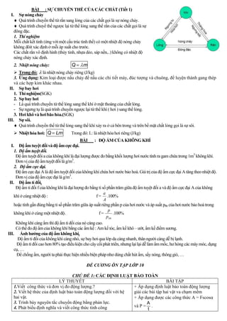 BÀI : (Tiết 1)
I.
.
đông .
1.
.
.
2. : Q m
 Trong đó: (J/kg)
3. : Kim loại được nấu chảy để nấu các chi tiết máy, đúc tượng và chuông, để luyện thành gang thép
và các hợp kim khác nhau.
II.
1. (SGK)
2. Sự bay hơi
- Là quá trình chuyển từ thể lỏng sang thể khí ở mặt thoáng của chất lỏng.
- Sự ngưng tụ là quá trình chuyển ngược lại từ thể khí ( hơi ) sang thể lỏng.
3. .(SGK)
III. .
i.
 : Q Lm Trong đó: (J/kg)
BÀI : ĐỘ ẨM CỦA KHÔNG KHÍ
I. Độ ẩm tuyệt đối và độ ẩm cực đại.
1. Độ ẩm tuyệt đối.
Độ ẩm tuyệt đối a của không khí là đại lượng được đo bằng khối lượng hơi nước tính ra gam chứa trong 1m3
không khí.
Đơn vị của độ ẩm tuyệt đối là g/m3
.
2. Độ ẩm cực đại.
Độ ẩm cực đại A là độ ẩm tuyệt đối của không khí chứa hơi nước bảo hoà. Giá trị của độ ẩm cực đại A tăng theo nhiệt độ.
Đơn vị của độ ẩm cực đại là g/m3
.
II. Độ ẩm tỉ đối.
Độ ẩm tỉ đối f của không khí là đại lượng đo bằng tỉ số phần trăm giữa độ ẩm tuyệt đối a và độ ẩm cực đại A của không
khí ở cùng nhiệt độ : f =
A
a
.100%
hoặc tính gần đúng bằng tỉ số phần trăm giữa áp suất riêng phần p của hơi nước và áp suất pbh của hơi nước bảohoà trong
không khí ở cùng một nhiệt độ. f =
bhp
p
.100%
Không khí càng ẩm thì độ ẩm tỉ đối của nó càng cao.
Có thể đo độ ẩm của không khí bằng các ẩm kế : Am kế tóc, ẩm kế khô – ướt, ẩm kế điểm sương.
III. Ảnh hưởng của độ ẩm không khí.
Độ ẩm tỉ đối của không khí càng nhỏ, sự bayhơi qua lớp da càng nhanh, thân người càng dễ bị lạnh.
Độ ẩm tỉ đối cao hơn 80% tạo điều kiện cho câycối phát triển, nhưng lại lại dễ làm ẩm mốc, hư hỏng các máymóc, dụng
cụ, …
Để chống ẩm, người ta phải thực hiện nhiều biện pháp như dùng chất hút ẩm, sấynóng, thông gió, …
ĐỀ CƯƠNG ÔN TẬP LỚP 10
CHỦ ĐỀ 1: CÁC ĐỊNH LUẬT BẢO TOÀN
LÝ THUYẾT BÀI TẬP
1.Viết công thức và đơn vị đo động lượng.?
2. Viết hệ thức của định luật bảo toàn động lượng đối với hệ
hai vật.
3. Trình bày nguyên tắc chuyển động bằng phản lực.
4. Phát biểu định nghĩa và viết công thức tính công
+ Áp dụng định luật bảo toàn động lượng
giải các bài tập hai vật va chạm mềm
+ Áp dụng được các công thức A = Fscos
và P =
A
t
.
 