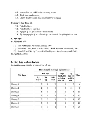 6.1. Nơron nhân tạo và kiến trúc của mạng nơron 
6.2. Thuật toán truyền ngược 
6.3. Các kỹ thuật trong áp dụng thuật toán truyền ngược 
Chương 7. Học thống kê 
7.1. Phân lớp Bayes 
7.2. Phân lớp Bayes ngây thơ 
7.3. Nguyên lý ML (Maximum – Likelihood) 
7.4. Áp dụng nguyên lý ML để đánh giá các tham số của phân phối xác suất. 
6. Học liệu 
6.1. Học liệu bắt buộc 
[1] Tom M.Mitchell. Machine Learning, 1997. 
[2] Richard O. Duda, Peter E. Hart, David G.Stork. Pattern Classification, 2001. 
[3] Russell S. and Norvig P., Artificial Intelligence: A modern approach, 2003. 
6.2. Học liệu tham khảo 
7. Hình thức tổ chức dạy học 
7.1. Lịch trình chung: (Ghi tổng số giờ tín chỉ cho mỗi cột) 
Nội dung 
Hình thức tổ chức dạy học môn học 
Tổng 
Lên lớp 
Thực hành, thí nghiệm, điền dã ... 
Tự học, tự nghiên cứu 
Lý thuyết 
Bài tập 
Thảo luận 
Chương 1 
2 
0 
0 
0 
2 
4 
Chương 2 
2 
1 
0 
0 
2 
5 
Chương 3 
5 
1 
1 
0 
4 
11 
Chương 4 
5 
1 
1 
0 
6 
13 
Chương 5 
5 
3 
1 
0 
8 
17 
Chương 6 
7 
3 
2 
0 
8 
20 
Chương 7 
7 
3 
2 
0 
8 
20  