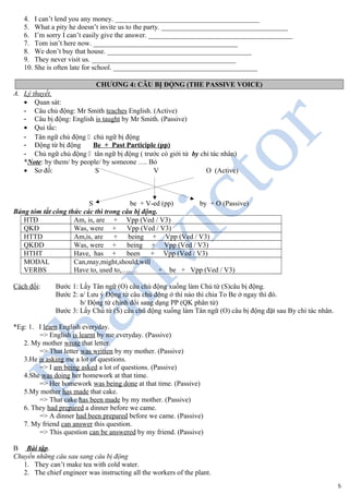 4. I can’t lend you any money. _________________________________________
5. What a pity he doesn’t invite us to the party. ____________________________________
6. I’m sorry I can’t easily give the answer. _________________________________________
7. Tom isn’t here now. _________________________________________
8. We don’t buy that house. _________________________________________
9. They never visit us. _________________________________________
10. She is often late for school. _________________________________________
CHƯƠNG 4: CÂU BỊ ĐỘNG (THE PASSIVE VOICE)
A. Lý thuyết.
• Quan sát:
- Câu chủ động: Mr Smith teaches English. (Active)
- Câu bị động: English is taught by Mr Smith. (Passive)
• Qui tắc:
- Tân ngữ chủ động " chủ ngữ bị động
- Động từ bị động Be + Past Participle (pp)
- Chủ ngữ chủ động " tân ngữ bị động ( trước có giới từ by chỉ tác nhân)
*Note: by them/ by people/ by someone …. Bỏ
• Sơ đồ: S V O (Active)
S be + V-ed (pp) by + O (Passive)
Bảng tóm tắt công thức các thì trong câu bị động.
HTĐ Am, is, are + Vpp (Ved / V3)
QKĐ Was, were + Vpp (Ved / V3)
HTTD Am,is, are + being + Vpp (Ved / V3)
QKĐD Was, were + being + Vpp (Ved / V3)
HTHT Have, has + been + Vpp (Ved / V3)
MODAL
VERBS
Can,may,might,should,will
Have to, used to,……. + be + Vpp (Ved / V3)
Cách đổi: Bước 1: Lấy Tân ngữ (O) câu chủ động xuống làm Chủ từ (S)câu bị động.
Bước 2: a/ Lưu ý Động từ câu chủ động ở thì nào thì chia To Be ở ngay thì đó.
b/ Động từ chính đổi sang dạng PP (QK phân từ)
Bước 3: Lấy Chủ từ (S) câu chủ động xuống làm Tân ngữ (O) câu bị động đặt sau By chỉ tác nhân.
*Eg: 1. I learn English everyday.
=> English is learnt by me everyday. (Passive)
2. My mother wrote that letter.
=> That letter was written by my mother. (Passive)
3.He is asking me a lot of questions.
=> I am being asked a lot of questions. (Passive)
4.She was doing her homework at that time.
=> Her homework was being done at that time. (Passive)
5.My mother has made that cake.
=> That cake has been made by my mother. (Passive)
6. They had prepared a dinner before we came.
=> A dinner had been prepared before we came. (Passive)
7. My friend can answer this question.
=> This question can be answered by my friend. (Passive)
B Bài tập.
Chuyển những câu sau sang câu bị động
1. They can’t make tea with cold water.
2. The chief engineer was instructing all the workers of the plant.
5
 