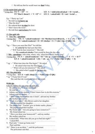 " He told me that he would meet me that Friday.
I. Câu mệnh lệnh gián tiếp
* Công thức: TT:“V + O” => GT: S + told/ordered/asked + O + to-inf…
TT “Don’t/ doesn’t + V + O” => GT: S + asked/told + O + not + to-inf …
Eg: -“ Hurry up, Lan”
" He told Lan to hurry up.
- “ Shut the door”
" He ordered them to shut the door.
- “ Don’t leave the room”.
" He told them not to leave the room.
II. Câu nghi vấn
1. Yes/ No – questions
* Công thức: TT: S + asked/wondered + O: “Do/does/was/will/are/is.. + S + (V) + O ?”
GT => S + asked/wondered + O + If/ whether + S + V (lùi 1 bậc về QK) + O.
*eg: - “ Have you seen that film?” he told her
" He asked if she had seen that film.
- “ Will Tom be here tomorrow?.” She told
" She wondered whether Tom would be there the day after.
2. Wh – questions ( who,what, where, why, when,how much/ many/ long”
* Công thức: TT: S + asked/wondered + O: “ wh- qs + ( do/was/will).. . + S + V + O ?”
GT :S + asked/wondered + (O) + wh – qs + S + V(lùi 1 bậc về QK) + O.
* eg: - “ What time does the film begin?.” He asked
" He asked what time the film began.
- “ What will you do tomorrow?” She asked
" She asked what I would do the next day.
III. Câu phát biểu
* Công thức: GT: S + said (that) + S + V(lùi 1 bậc về QK)
* eg “ I’ll pay him if I can”
She said that she would pay him if she could.
B.Bài tập.
Chuyển những câu sau sang câu gián tiếp.
1. He said to her, “You are my friend.”
He told her………………………………….
2. Johnny said to his mother, “I don’t know how to do this exercise.”
Johnny told his mother…………………………………………..
3. “ Don’t come back before one o’clock”, advised my brother.
My brother advised me…………………………………….
4. “Cook it in butter”, Mrs Brown said to her daughter.
Mrs Brown told her daughter……………………………..
5. The pupils said “ Teacher, give us better marks, please.”
The pupils asked their teacher………………………………..
6. My friend said, “ Are you going to leave tomorrow?”
My friend asked me………………………………………….
7. “ Have you done your homework?”, said my mother.
My mother asked me……………………………………….
8. I asked Bill,” What time did you go to bed last night?”
I asked Bill…………………………………………………
9. Paul said, “ I must go home now.”
Paul said that……………………………………………….
10. “ There is an accident .”, said the policeman.
The policeman said that……………………………………..
7
 