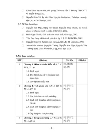 [1]   Khoa Khoa học cơ bản, Bài giảng Toán cao cấp 2, Trường ĐH CNTT
             và truyền thông,2012.
       [2]   Nguyễn Đình Trí, Tạ Văn Đĩnh, Nguyễn Hồ Quỳnh , Toán học cao cấp,
             tập I, II, NXB Giáo dục,2002.
  7.2. Tài liệu tham khảo:
       [3]   Nguyễn Văn Mậu, Đặng Huy Ruận, Nguyễn Thủy Thanh, Lý thuyết
             chuỗi và phương trình vi phân, ĐHQGHN, 2002.
       [4]   Đinh Ngọc Thanh, Giải tích hàm nhiều biến, Giáo dục, 2002.
       [5]   Trần Đức Long, Giáo trình giải tích, tập I, II, III, ĐHQGHN, 2002.
       [6]   Nguyễn Đình Trí, Bài tập toán cao cấp, tập I, II, III, Giáo dục, 2002.
       [7]   Jean-Marie Monier, (Nguyễn Tường, Nguyễn Văn Nghị;Nguyễn Văn
             Thường dịch), Giáo trình toán, 7 tập, Giáo dục, 2006.


8. Nội dung môn học:
 STT                         Nội dung                        Tài liệu       Ghi chú
   1     Chương 1. Hàm số nhiều biến số (LT: 8, [1], [2],[4],
         TH:0, TL: 4)                           [6], [7]
             1.1. Định nghĩa
             1.2. Đạo hàm riêng và vi phân của hàm
                  nhiều biến
             1.3. Cực trị hàm nhiều biến
   2     Chương 2. Tích phân kép (LT: 8, TH: 0, [1], [2], [5],
         TL: 4, ;KT: 1)                         [6], [7]
             2.1. Định nghĩa
             2.2. Các tính chất của tích phân kép
             2.3. Cách tính tích phân kép trong tọa độ
                  Đề-các
             2.4. Cách tính tích phân kép trong tọa độ
                  cực
             2.5 Ứng dụng của tích phân kép.

   3     Chương 3. Tích phân đường (LT: 8; TH: 0, [1], [2], [5],
         TL: 4, KT: 1)                            [6], [7]


                                           -2-
 